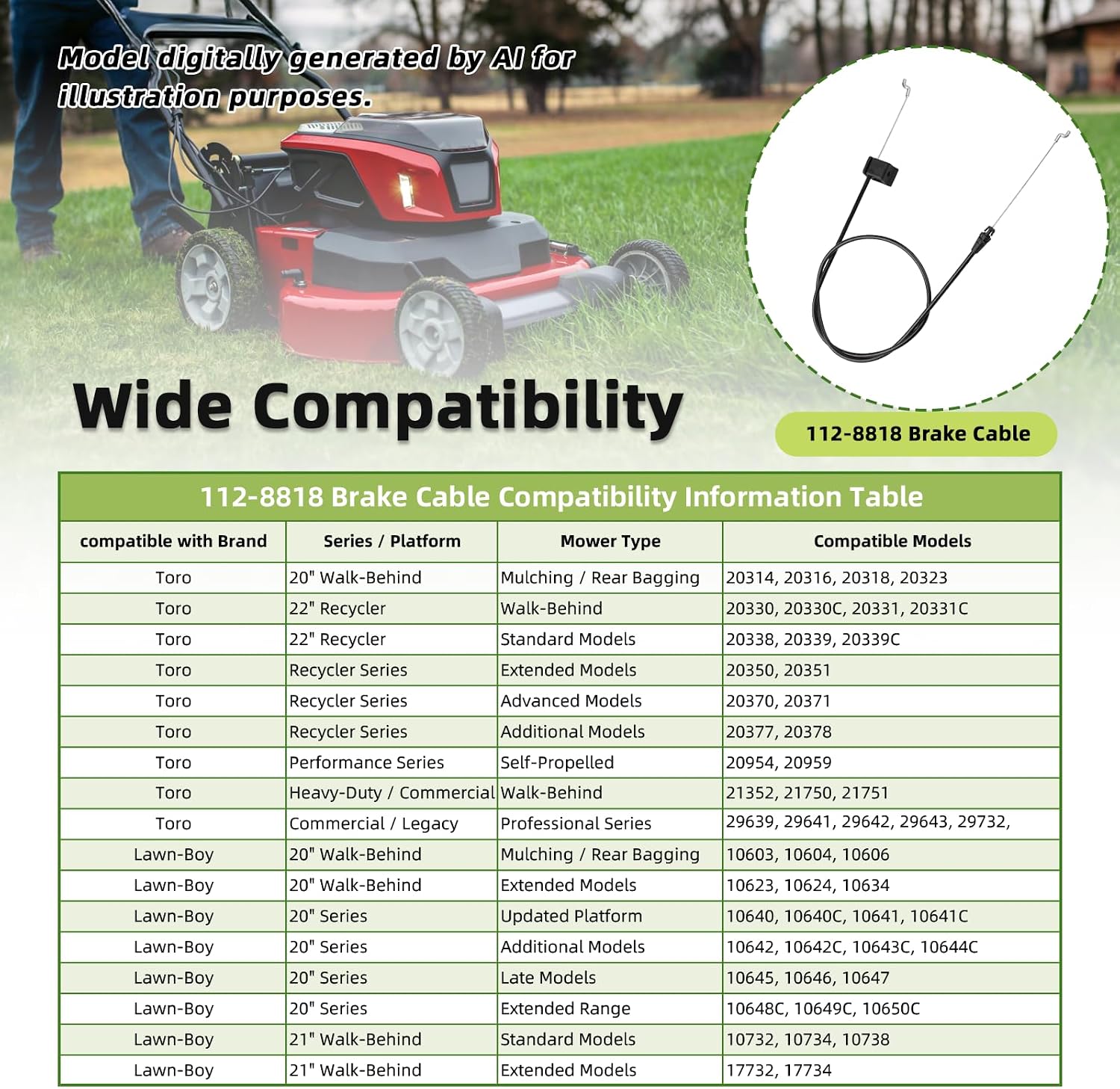 112-8818 Brake Cable Replacement compatible with Toro 20" Rear Bagging & 22" Recycler Lawn Mowers, Fits Models 20314 20316 20323 20330 20331 20338 20339 10642, Durable Control Cable