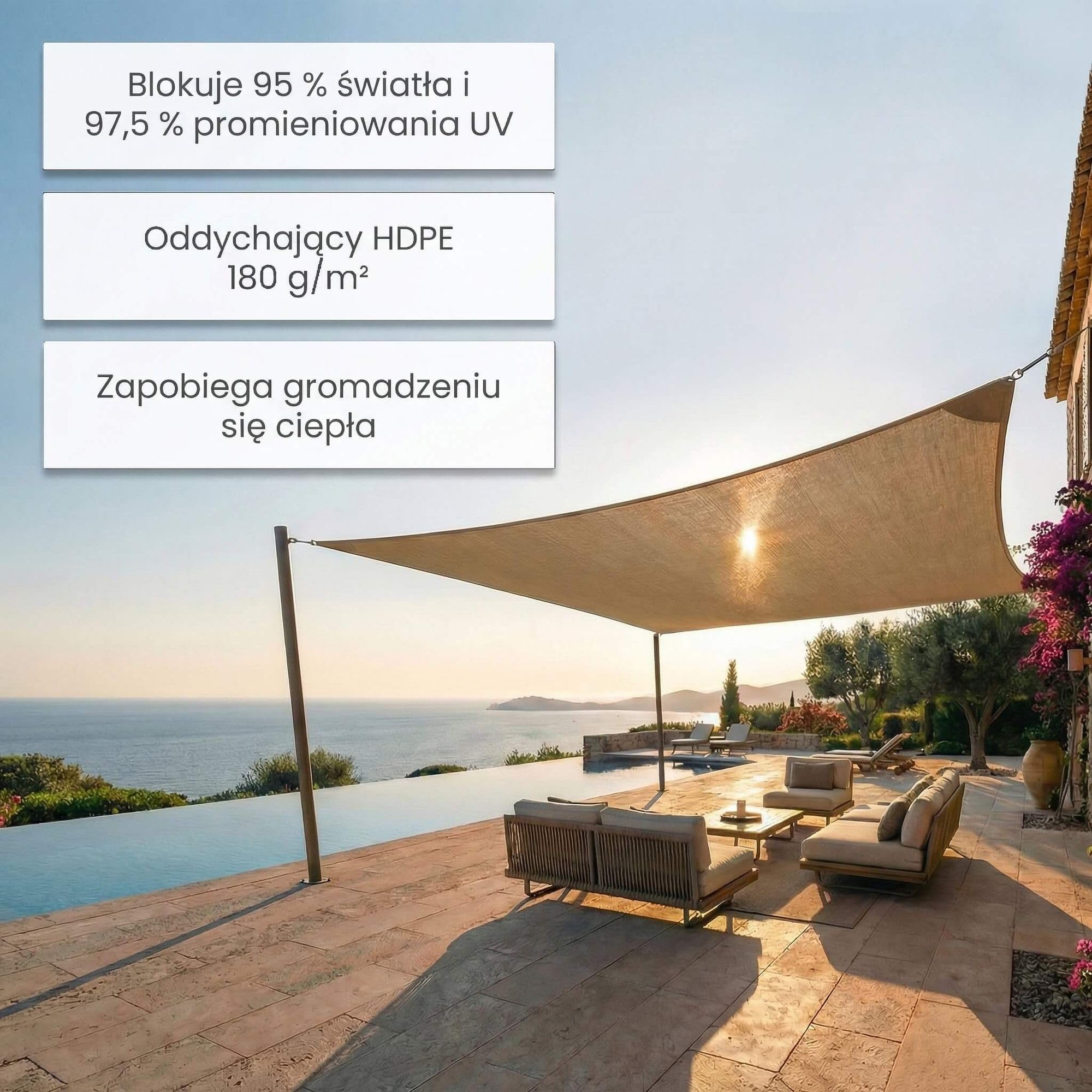 Żagiel przeciwsłoneczny prostokątny 3 x 5m, 180g/m² Biały HDPE | Ochrona przeciwsłoneczna na taras, ogród, balkon i kemping, żagiel przeciwsłoneczny z ochroną UV