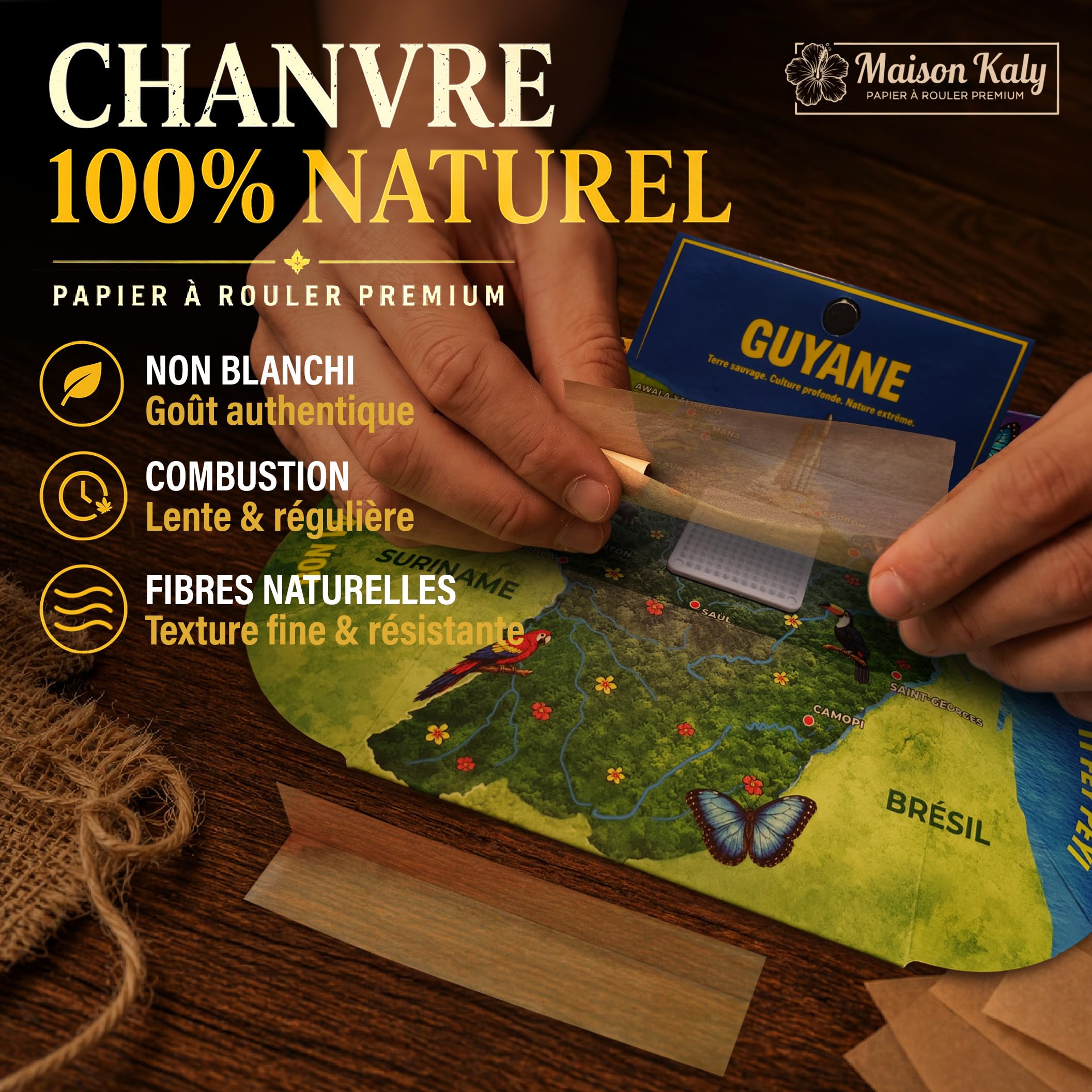 Feuilles à Rouler Slim en Chanvre Naturel – Boite de 15Carnets x 32Feuilles + Tips + Grinder + Plateau – Pack Complet 4-en-1 Premium – Édition Guyane Amazonie - Mo Ti Fey Péyi