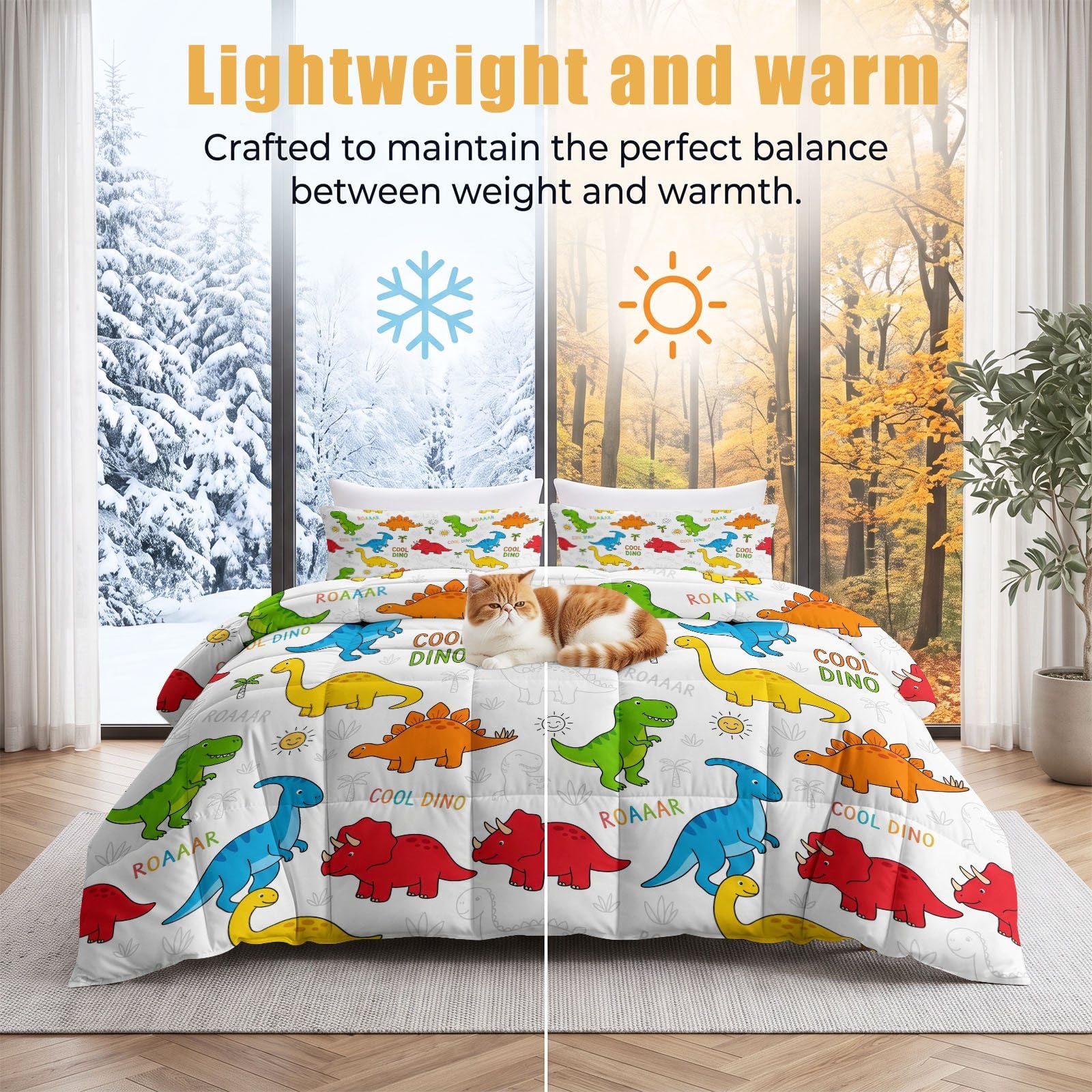 Couette 220x240 cm 4 Saisons Dessin Animé Animal Jungle Imprimée | Édredon Réversible sans Housse Respirante, 2 Taies 65x65cm, Dinosaure Palmier Soleil, Couette Légère Microfibre Douce, Multicolore