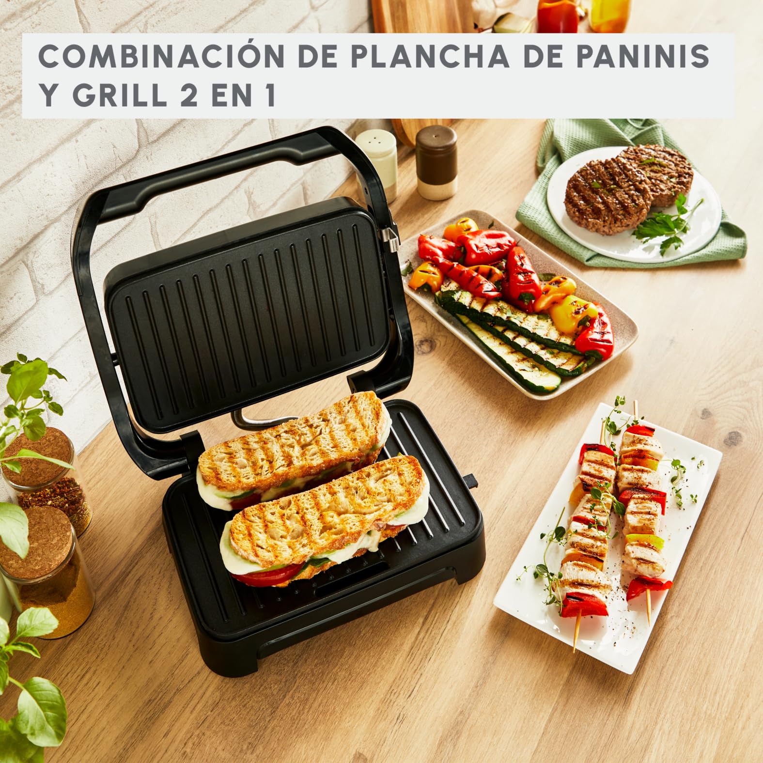 Moulinex Inicio Compact, plancha de paninis y grill, placas de cocción antiadherentes, fácil de guardar, fácil de lavar, GI270D10