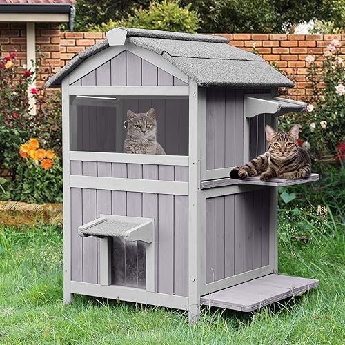 Miniatura 2 de Casa aislada para gatos al aire libre, refugio de madera resistente a la intemperie para gatos con forro, recintos para gatitos, casa de gatitos de
