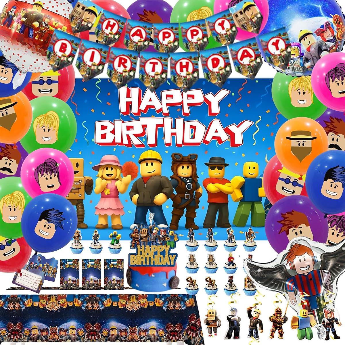 Birthday Decorations Party Supplies Party Decoration with Happy Birthday Banner, Backdrop, Hanging Swirls, Tablecloth, Cupcake Cake Toppers, Balloons,gift bags,invita card, Complete Party Supplies Set