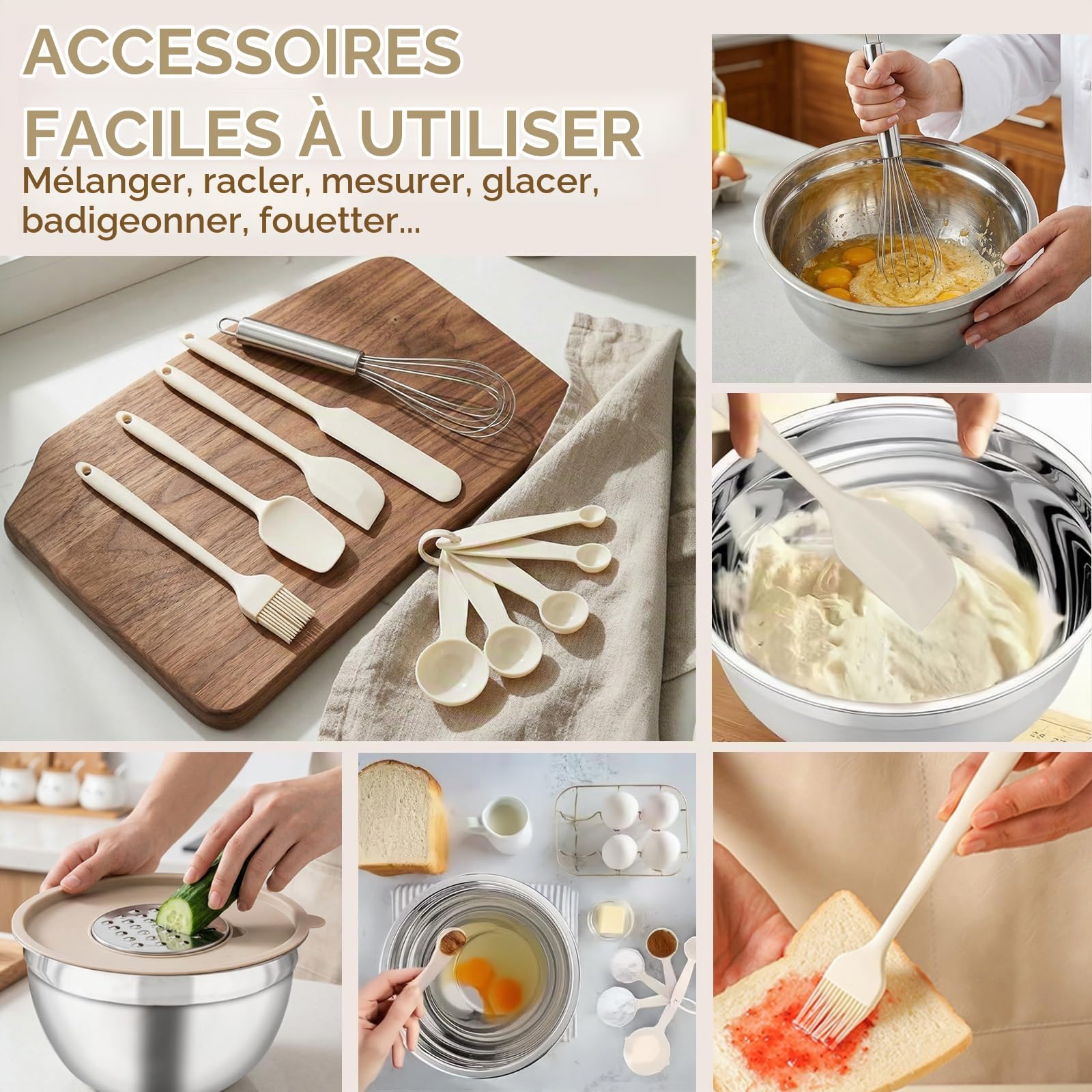 Lot de 7 Saladiers en Acier Inoxydable avec Couvercles, Bols Mélangeurs Empilables, incluant 3 Râpes & Accessoires de Cuisine, pour Pâtisserie, Préparation et Conservation (Ø14–26 cm)