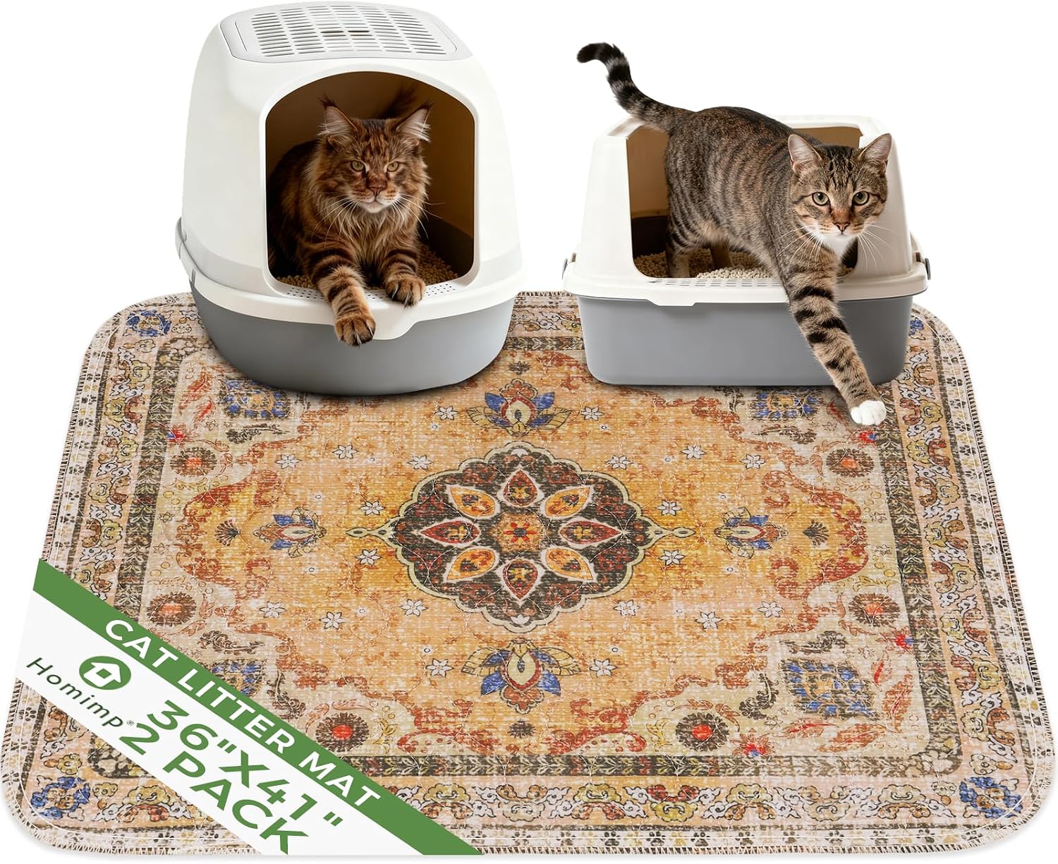 Homimp Cat Litter Mat, Litter Trapping Mat 2 Pack, Contains Mess from Box, Protects Floors,Urine Waterproof,Non-slip,Less Waste Cat Litter Box Mat,Soft on Kitty’s Paws,Washable,Absorbent,Khaki 36"X41"