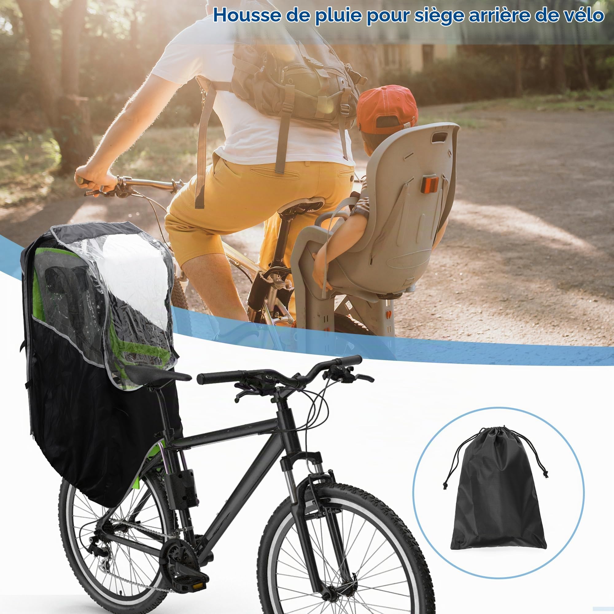 A ABSOPRO Housse Pluie Siège Enfante Vélo, Noir Transparent, 1 Pièce, PVC | Noir, Transparent, PVC, Respirant, Coupe-Vent, Fenêtre Avant Enroulable, Cordon De Serrage Réglable, Universel