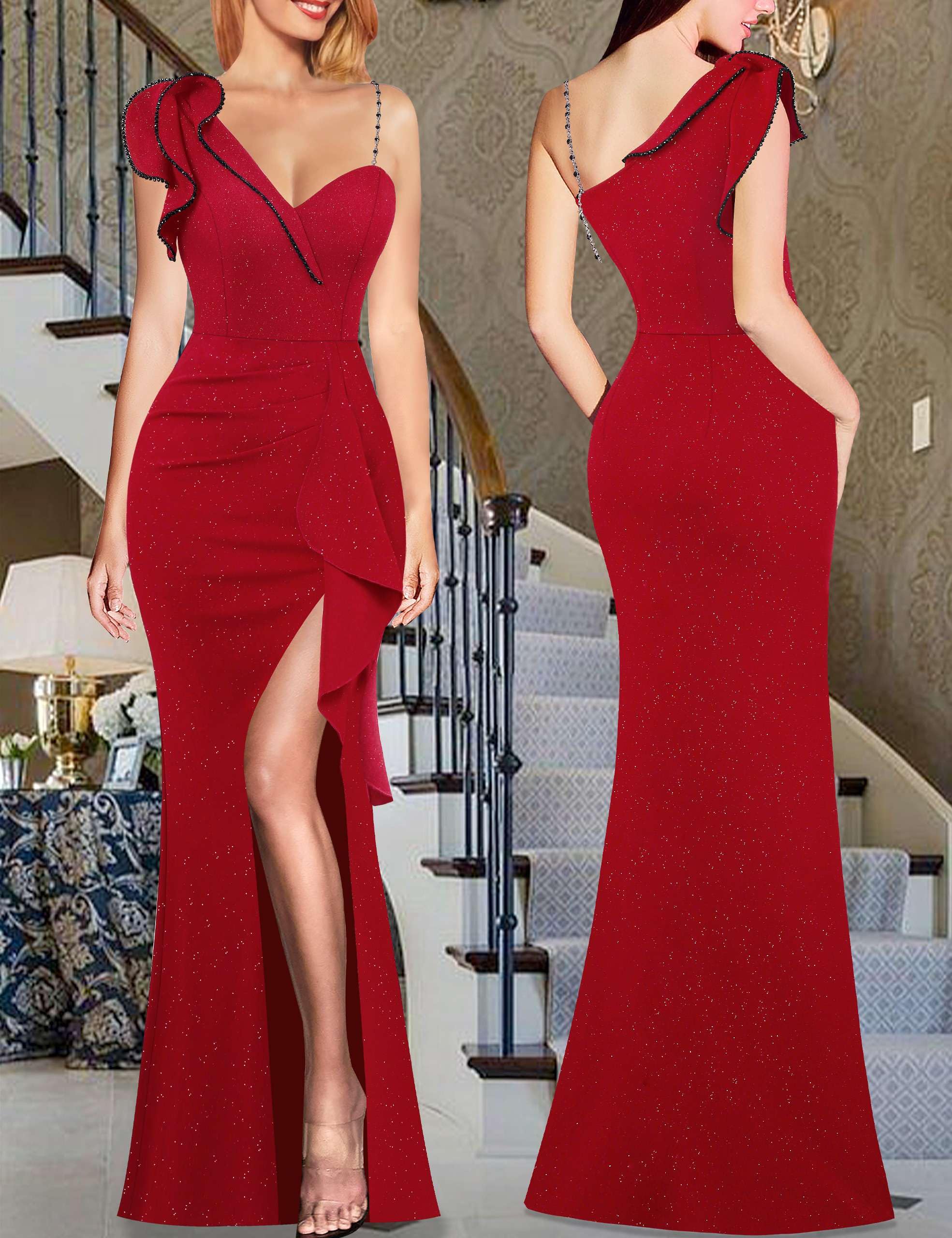 VFSHOW Womens Elegant Ruffle One Shoulder Beaded Strap Wedding Formal Maxi Dress 2023 Ruched Slit Cocktail Evening Sparkly Long Gown (Red, Medium) 3119 RED M