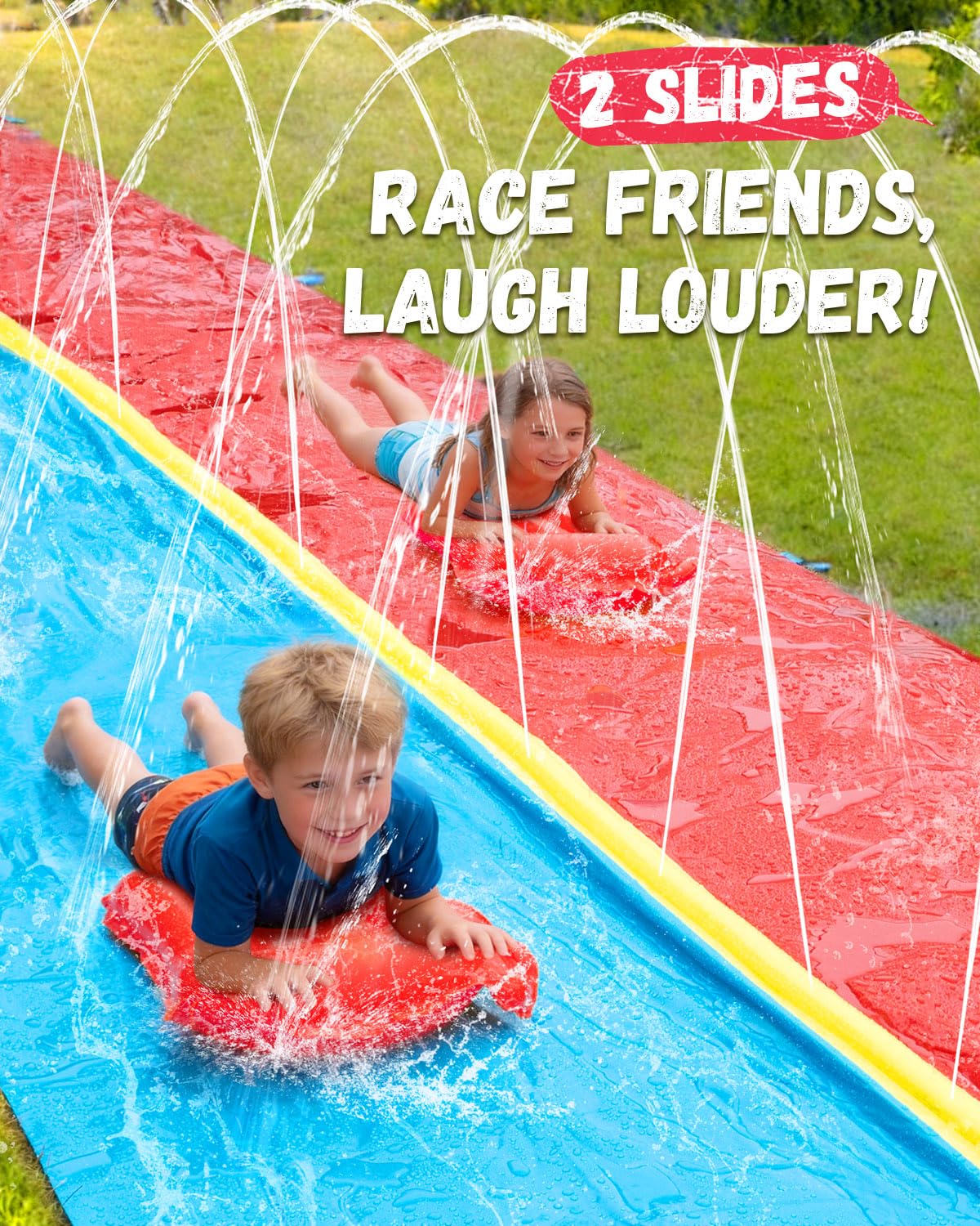 Spring Water Rutsch- und Wasserrutsche für Kinder, 12,2 m, extra lang, 2 Bahnen, Rutsch- und Wasserrutsche mit Sprinkler, Gaint-Wasserrutschen mit 2 aufblasbaren Bodyboards, Outdoor-Spaß