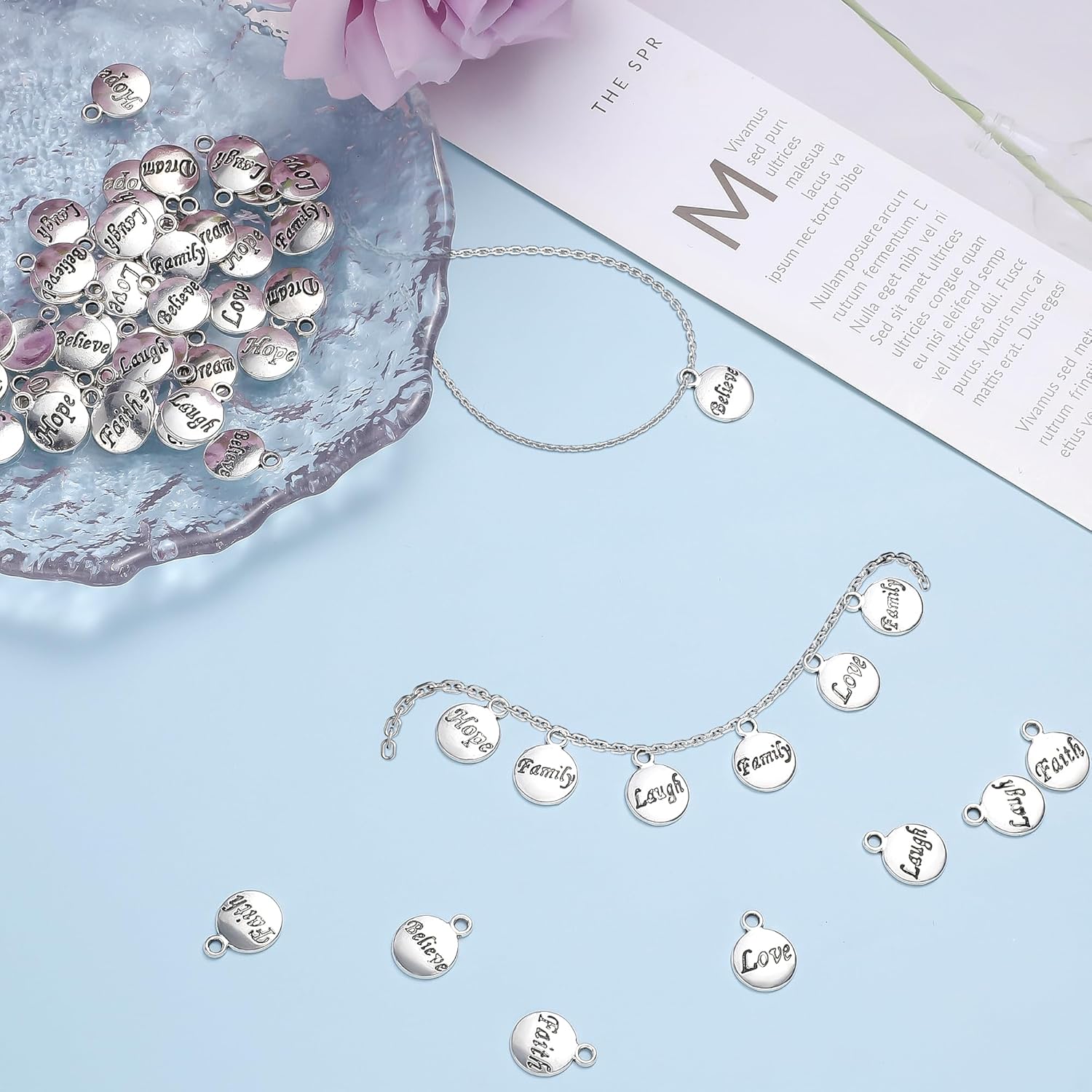 TXIN 140 Pieces Silver Inspiration Charms for Bracelets and Jewelry Making, Round Letter Alloy Flat Pendants for DIY Necklaces Keychain Crafts, 7 Styles - Image 8