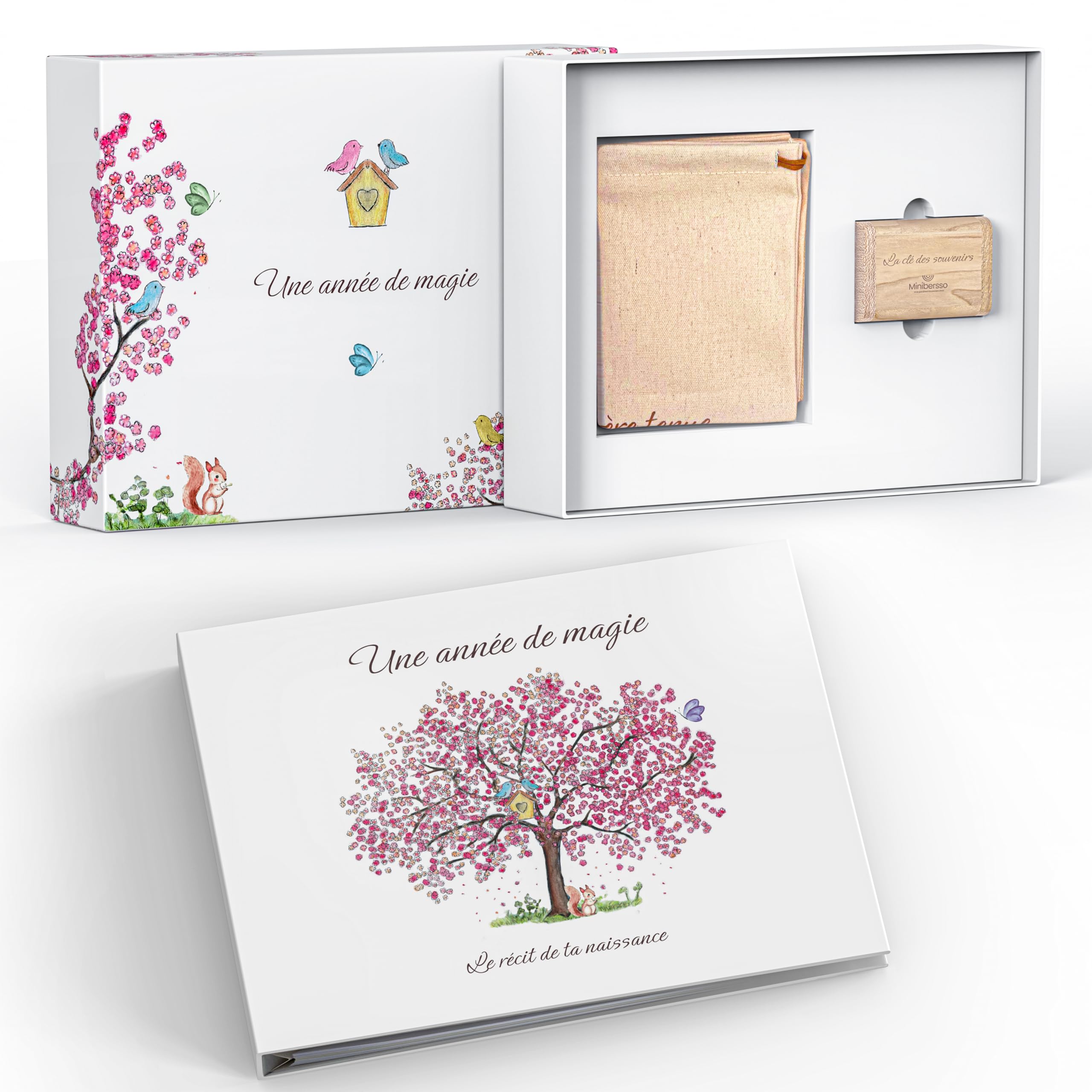 Livre de naissance bébé avec Clé Usb pour les souvenirs numérique et Pochon pour la 1ère tenue- Album Photo Bebe 116 pages pour coller vos photos et écrire - Idéal Cadeau naissance fille et garçon
