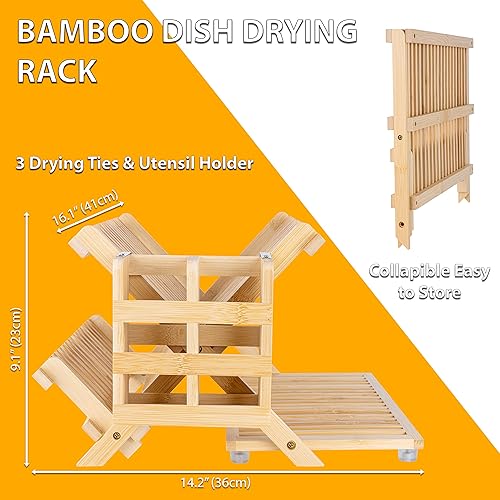 Miniatura 5 de JOEY'Z Escurridor de platos de bambú, plegable para encimera de cocina, 3 niveles (escurridor de platos con soporte para utensilios)