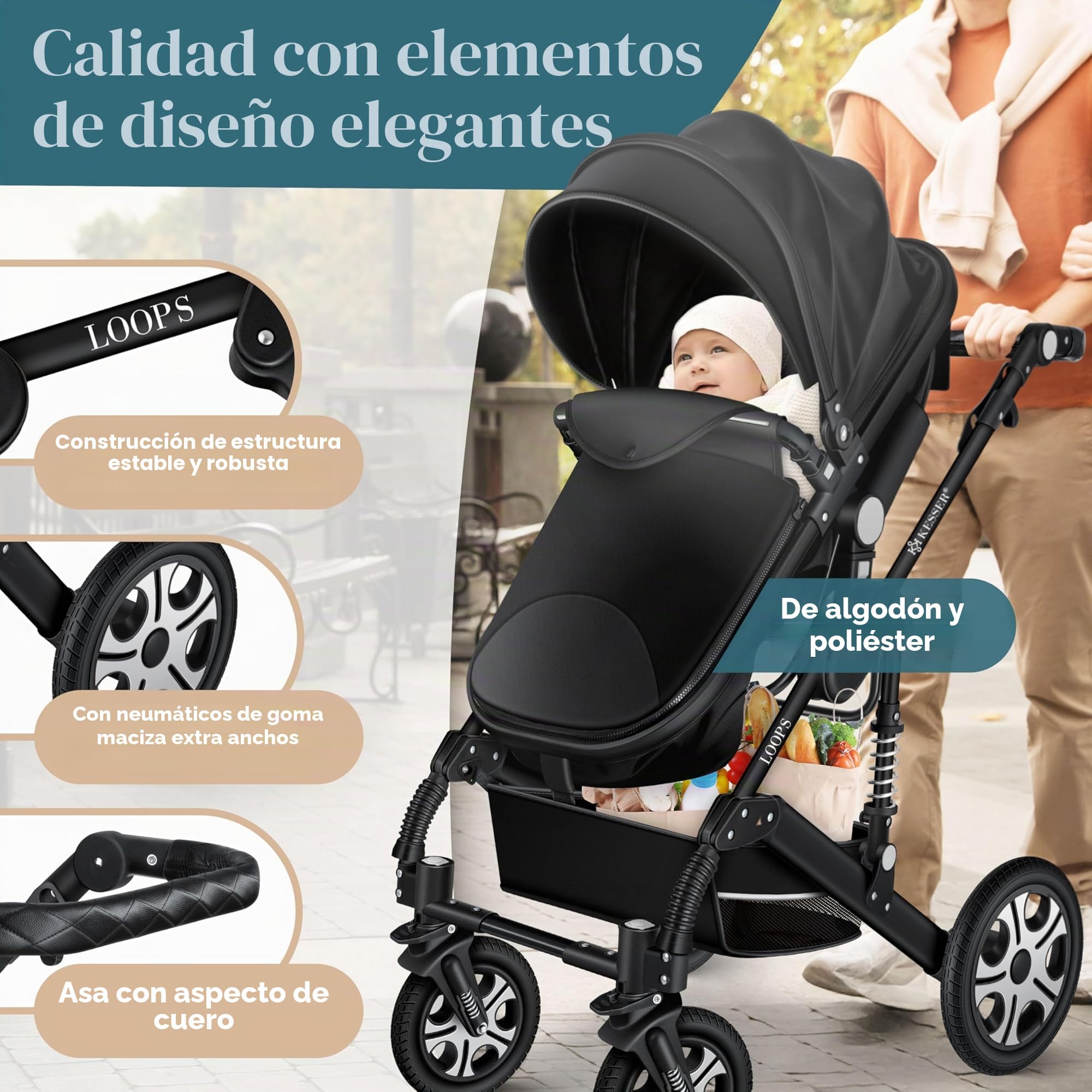 KESSER® Loops 3 in 1 Stroller combo juego completo de sillas de paseo incl. Asiento deportivo para bañera y silla de paseo, neumáticos de caucho macizo, bolso cambiador