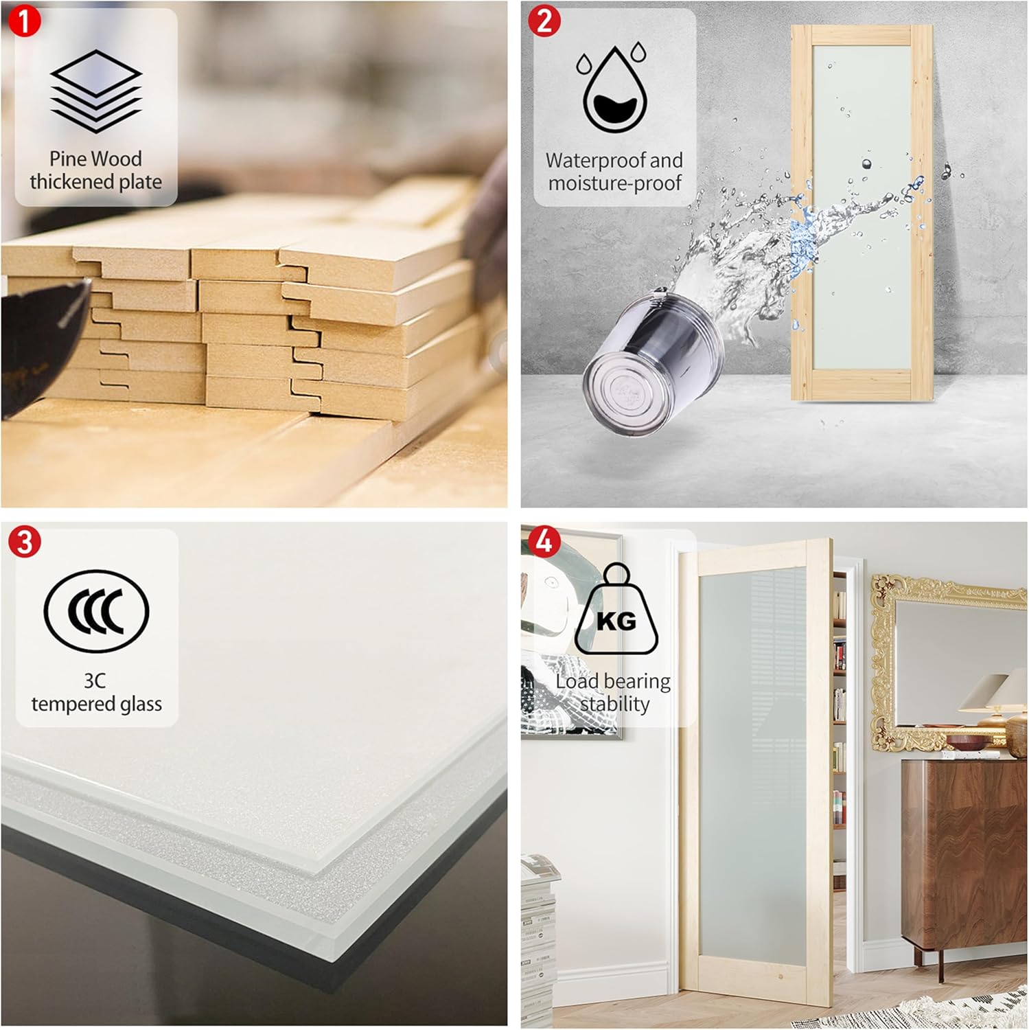 30" x 80" Slab Door, Natural 1-Lite Frosted Glass Pantry Door with Black Door Knob, Interior Single Door Panel for Closet & Bedroom, Solid MDF Core Wood(Hinges Not Included)