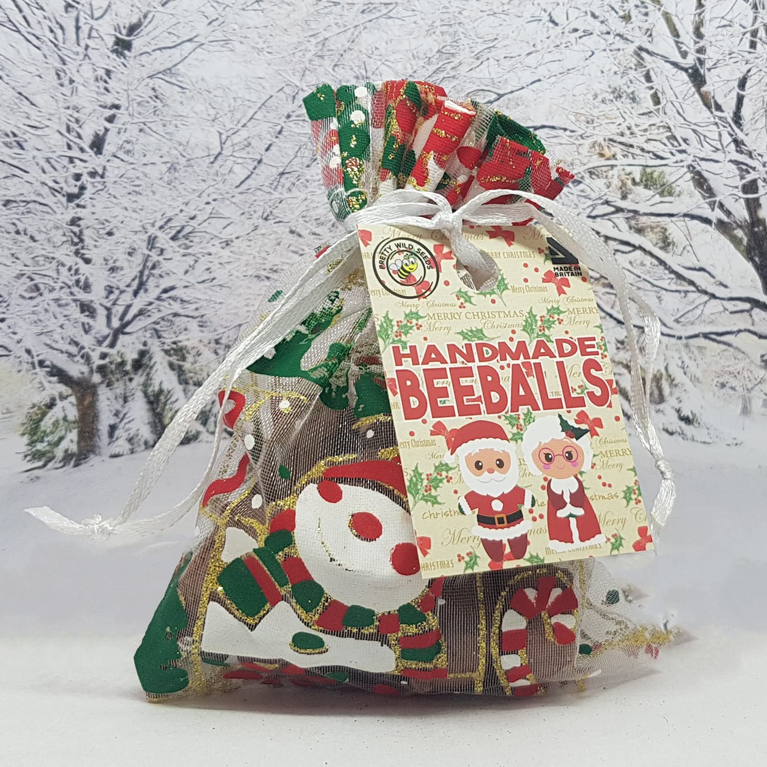 BeeBalls Festive Bee Ball Pouches with Handmade Bee Balls Perfect Christmas Stocking Fillers to Save The Bees (Organza Pouch)
