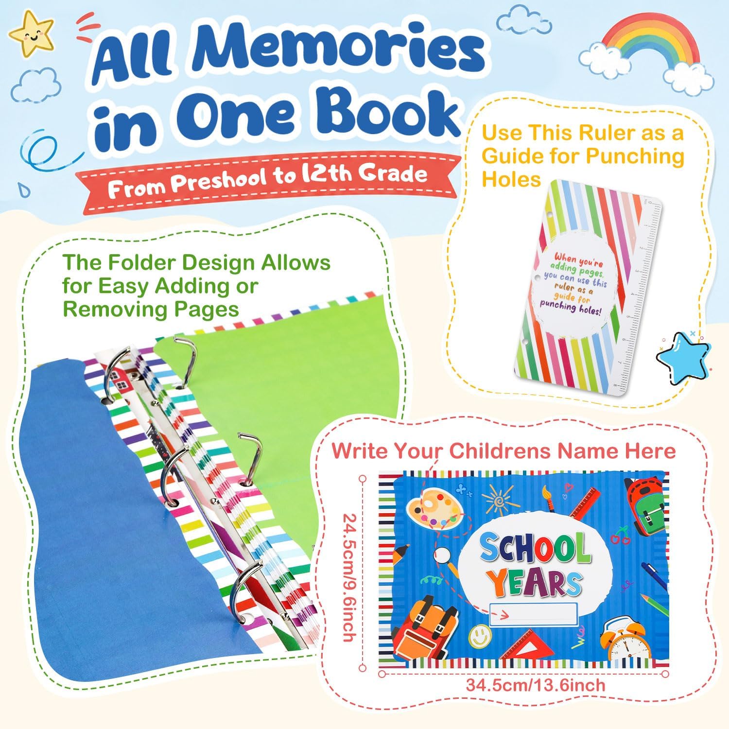School Memory Book Scrapbook Preschool-12th Grade with Keepsake Pocket