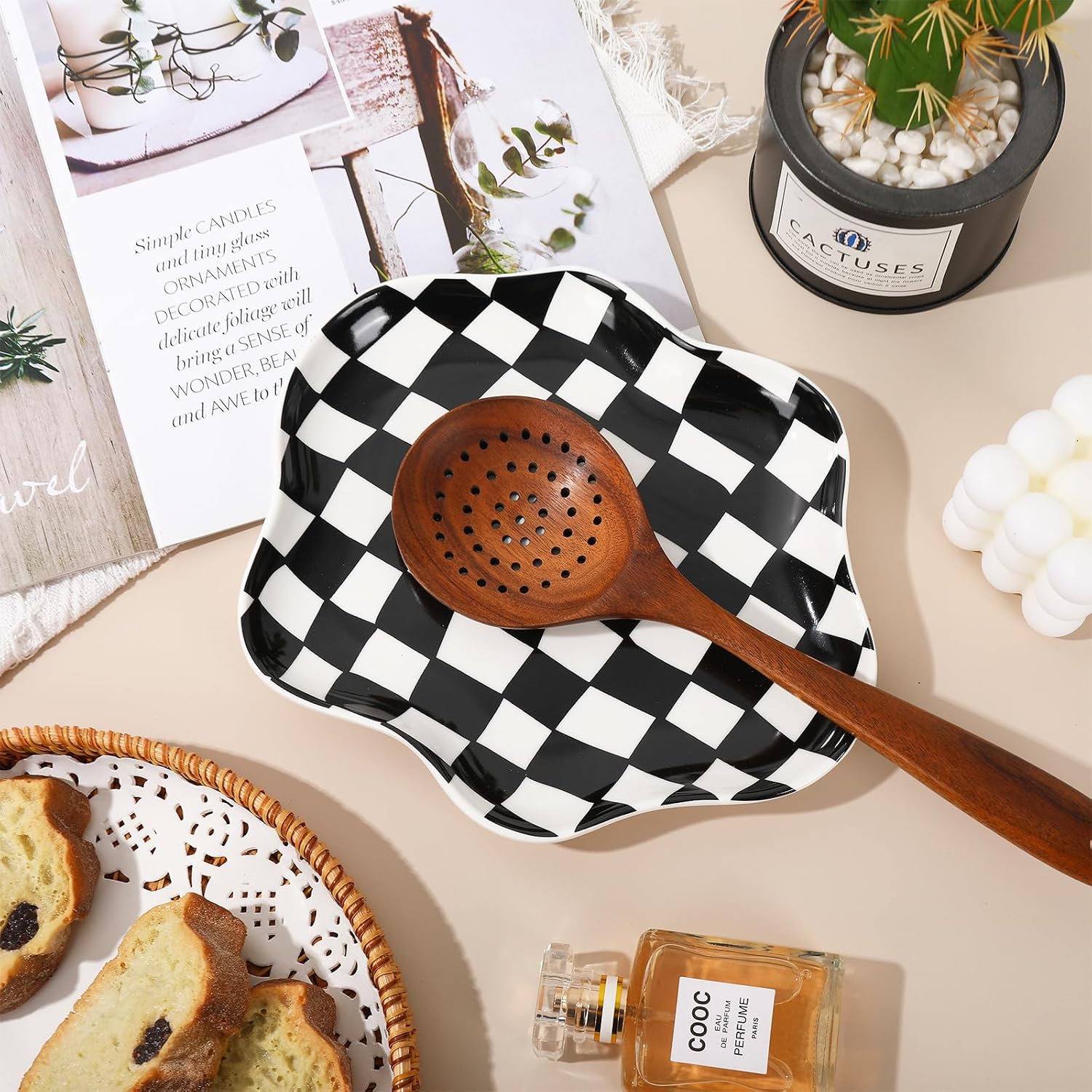 FYSUIMU 9.1 Inch Checkered Spoon Rest White Black Plaid Ceramic Spoon Holder Buffalo Plaid Cooking Spoon Holder for Kitchen Counter Stove Top Decor