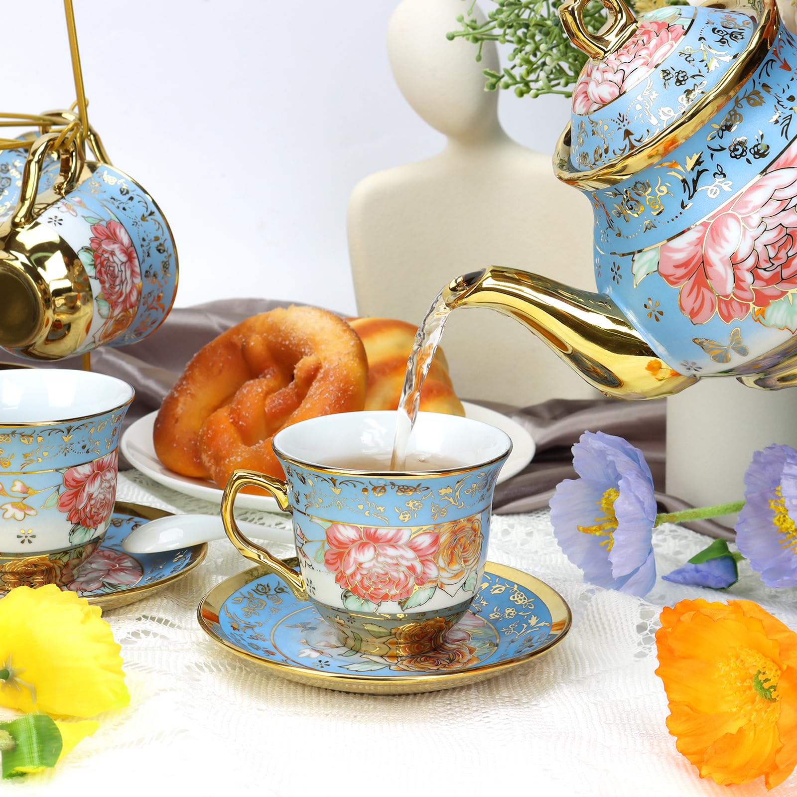 （Peninsula H）Teapot＆Cup with lid＆Saucer 20 Pcs Porcelain Tea Set with Metal Holder, Adult Tea Set Gift