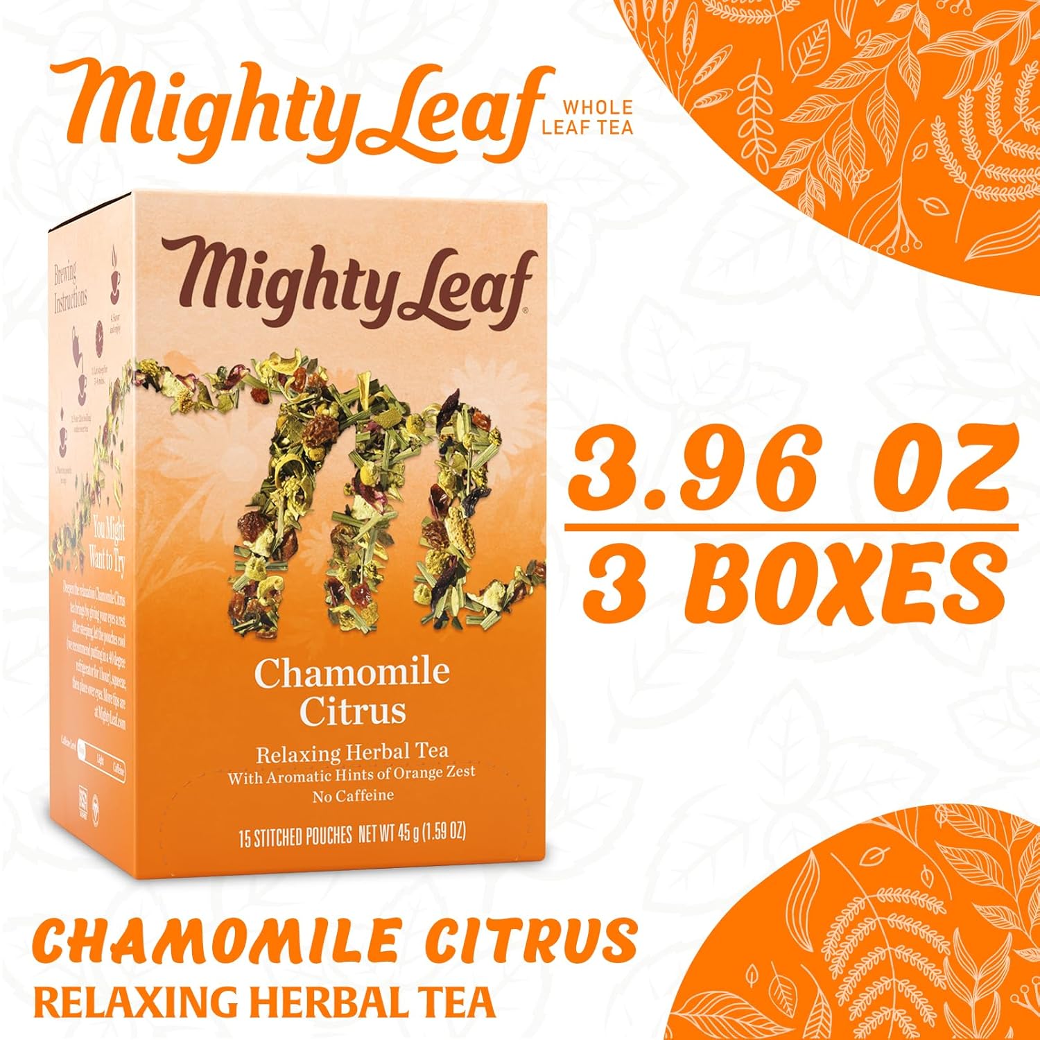 Mighty Leaf Chamomile Citrus Herbal Tea – 45 Count (3 Packs of 15) Whole Leaf Pyramid Tea Bags – Caffeine-Free Soothing Blend with Citrus & Floral Notes