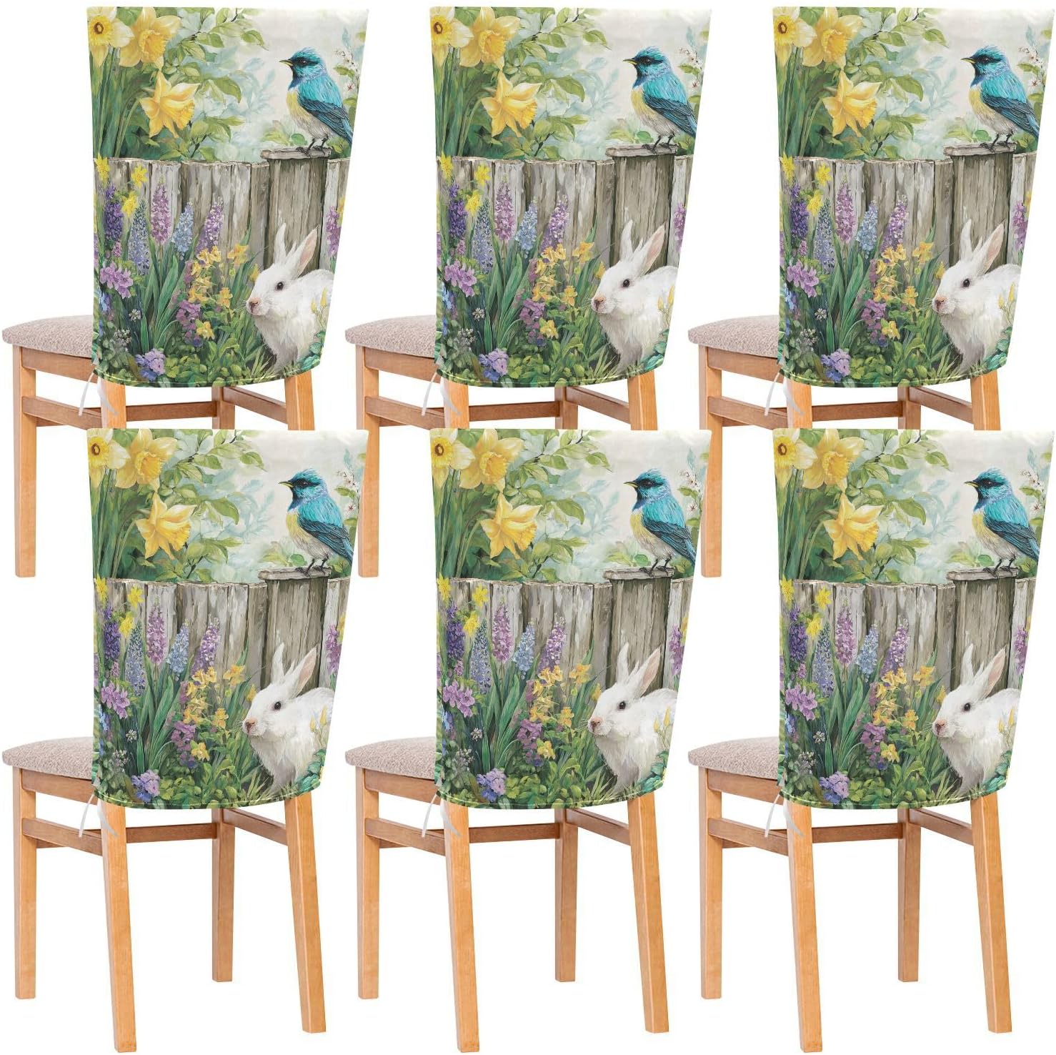 ALAZA Easter Rabbits Birds Spring Flowers Chair Back Cover Set of 6, Washable Reusable Removable Chair Slipcovers Decorative Chair Cover for Home Kitchen Wedding Party