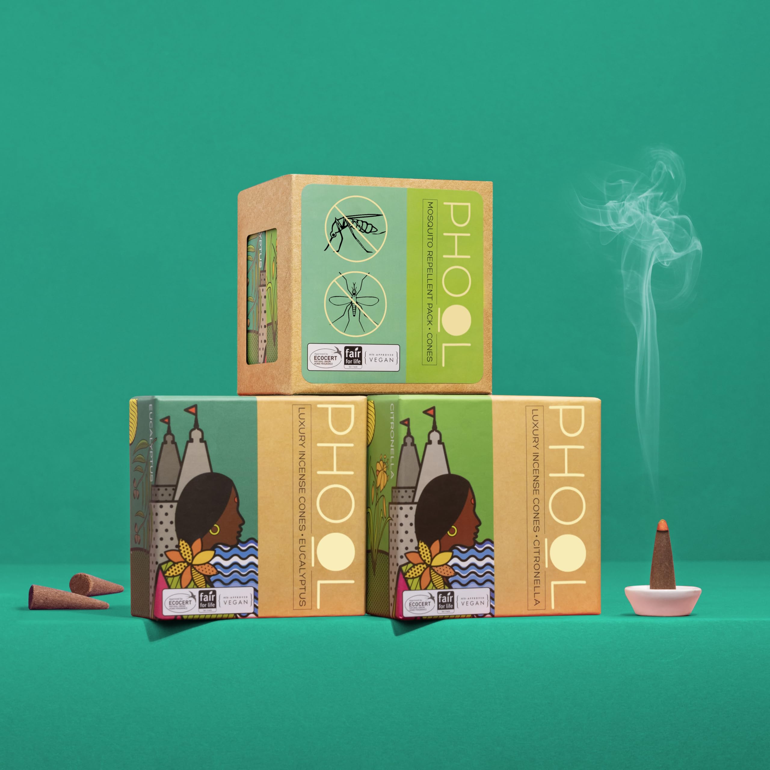 PHOOL LUXURY INCENSE Mosquito Repellent Pack (80 Incense Cones | 2 Fragrances: Citronella & Eucalyptus) (Green)