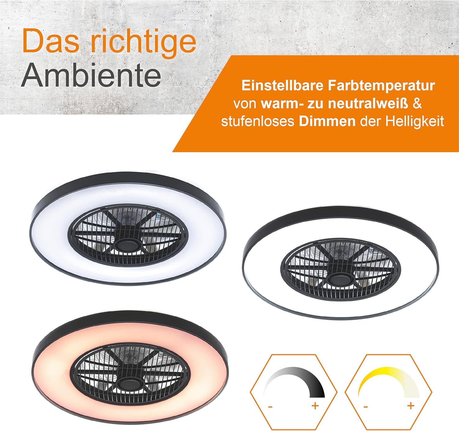 Three images of the ceiling fan showing different light color temperatures: warm white, neutral white, and cool white. Also shows brightness and color temperature adjustment icons.