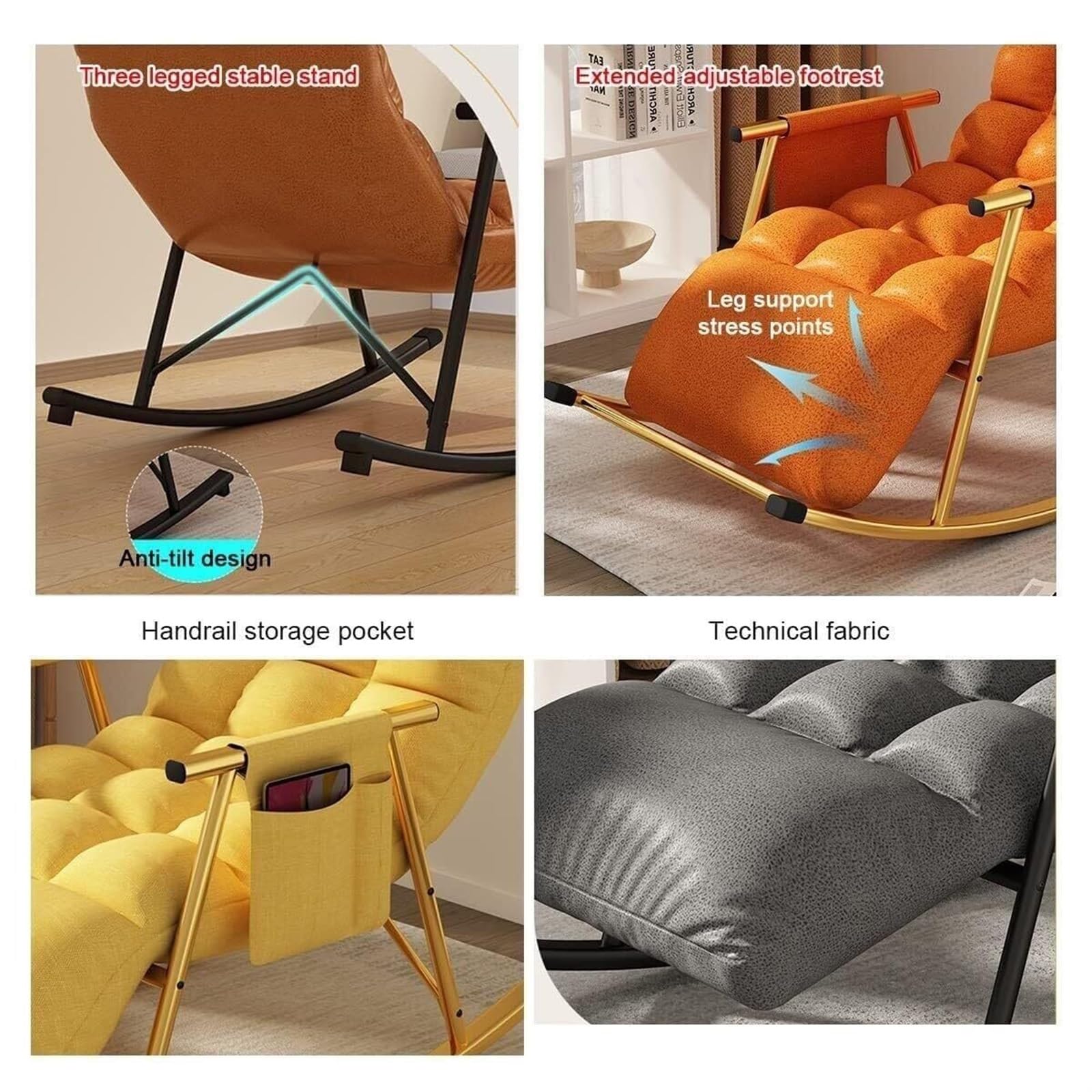 Sedia a Dondolo per Interni, in Tessuto Tecnico Impermeabile, reclinabile, Moderna Camera da Letto, Soggiorno, Poltrona con Schienale Regolabile, divani Singoli per Lettura, Salotto, Balcone