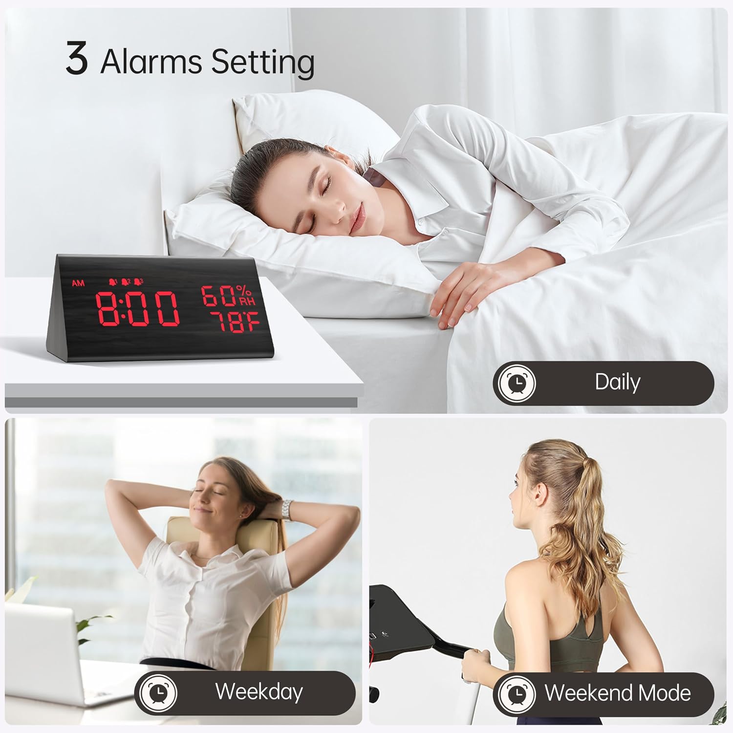 JALL Digital Alarm Clock with three alarm settings and mode options