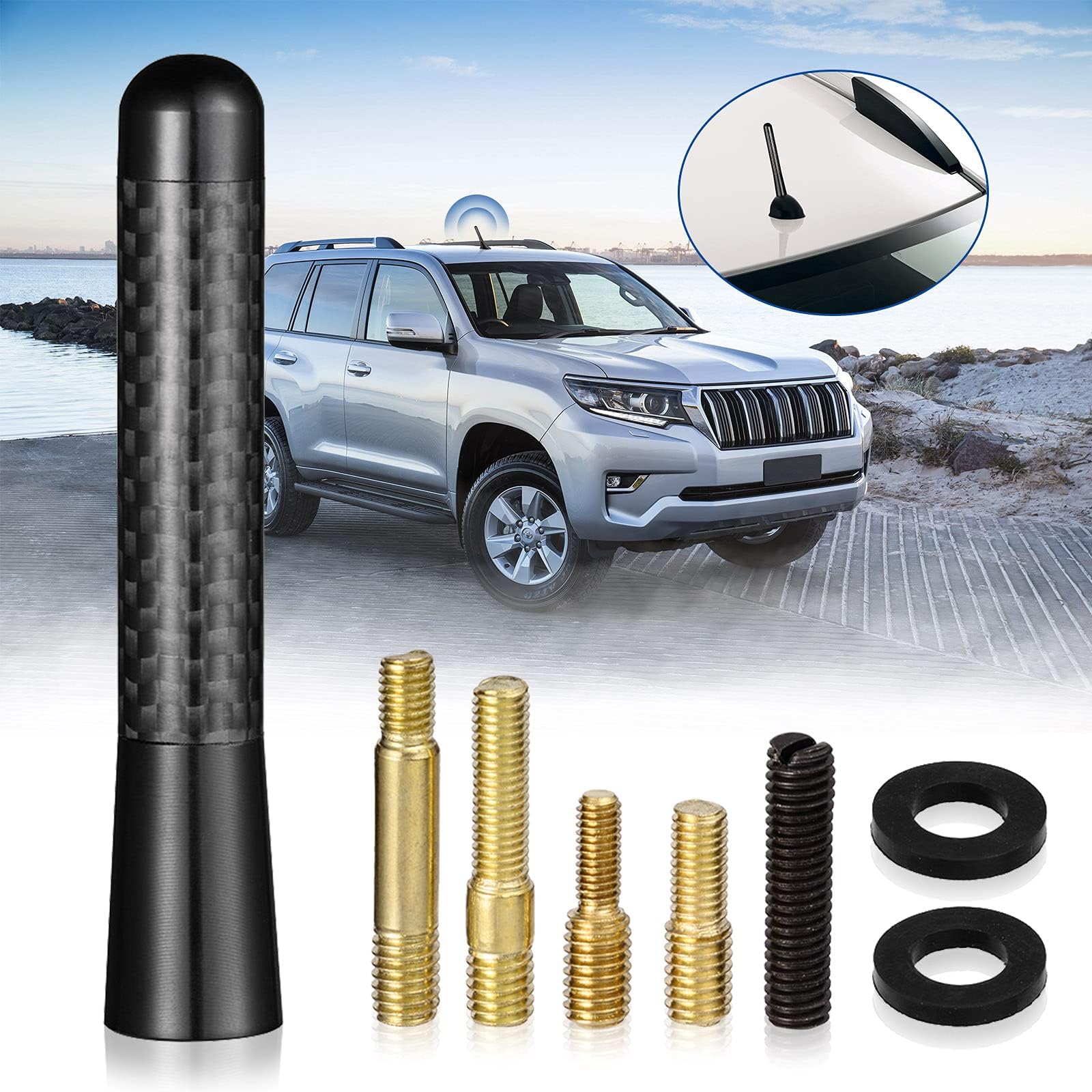 Bingfu Antena samochodowa uniwersalna, 8 cm, krótki pręt, czarna do odbioru FM AM, zamiennik anteny samochodowej ze śrubami M4.0, M5.0, M6.0