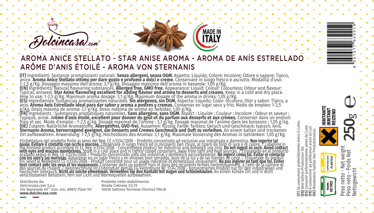 Esencia de Sustancia Aromatizante de Anís Estrellado para Helados Masa Pastel Libre de Alérgenos y OGM 250gr