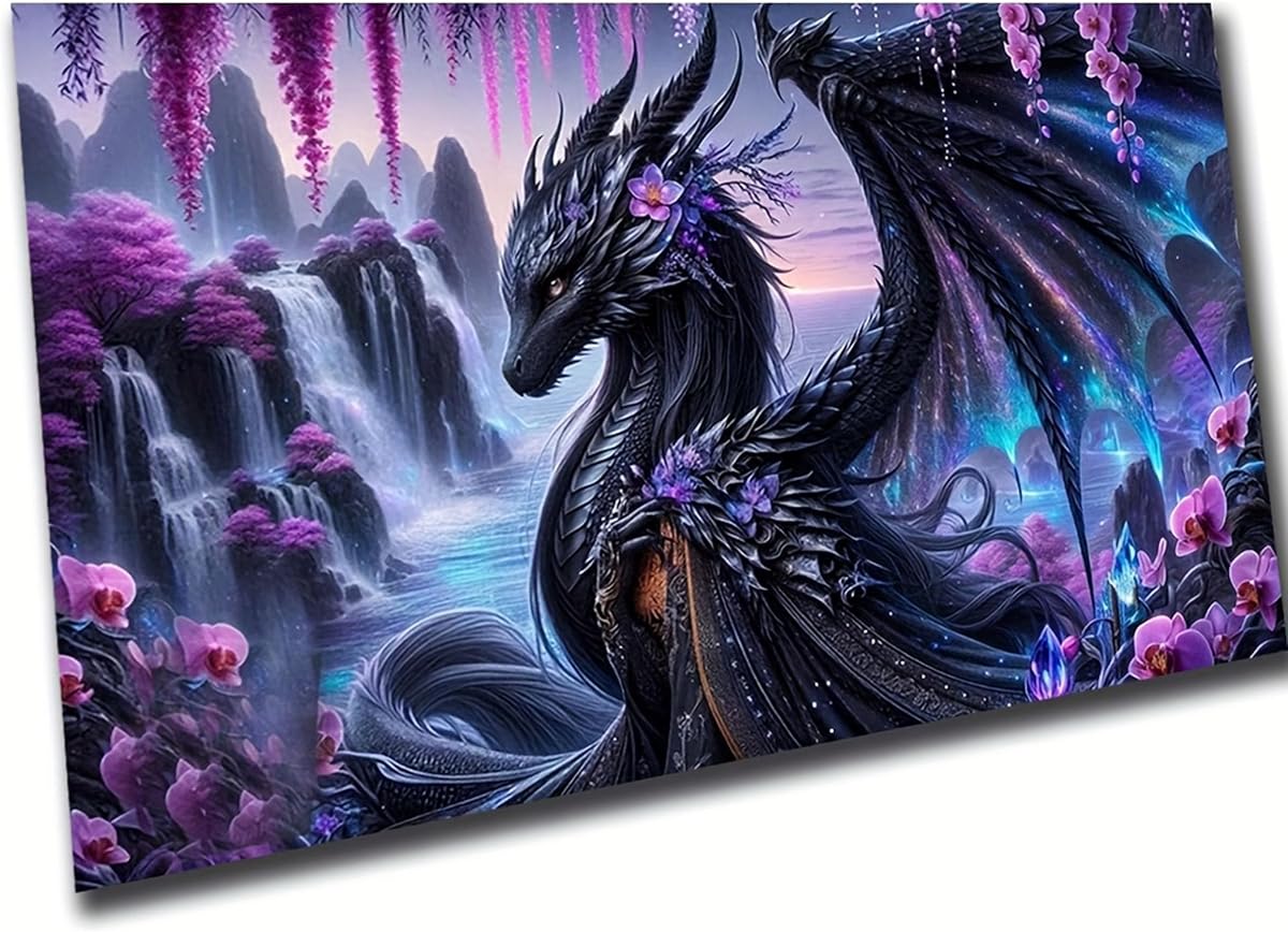 KUFWKEY Black Dragon Mosaic Diamond Paintings,5D DIY Diamond Painting for Adults,Fantasy Animal Diamond Art Kits,Landscape Waterfall Art for Home Decor,Large Size 27.5x15.7inch