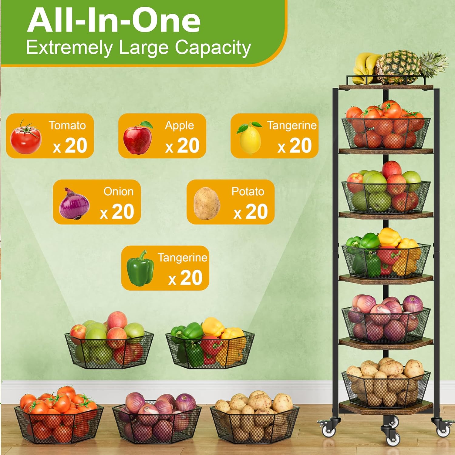 Fruit and Vegetable Storage Basket for Kitchen, 6 Tier Kitchen Cart on Wheels with Storage, Rolling Fruit Basket Stand with 5 Pack Fruit Bowl, Rotating Fruit Organizer Storage Cart for Potato, Onion