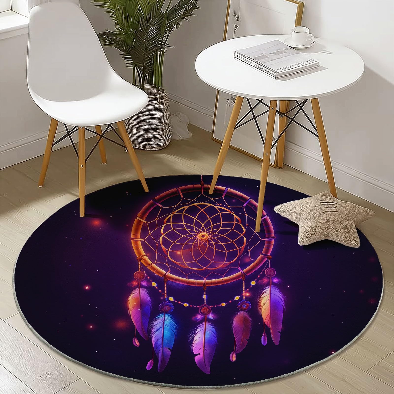 Flauschiger Teppich Rund 140 cm Kinderzimmer | Traumfänger Federn Design Bunt | Weicher Plüschteppich Waschbar & rutschfest | Moderner Spielteppich & Dekorative Bodenmatte Wohnzimmer