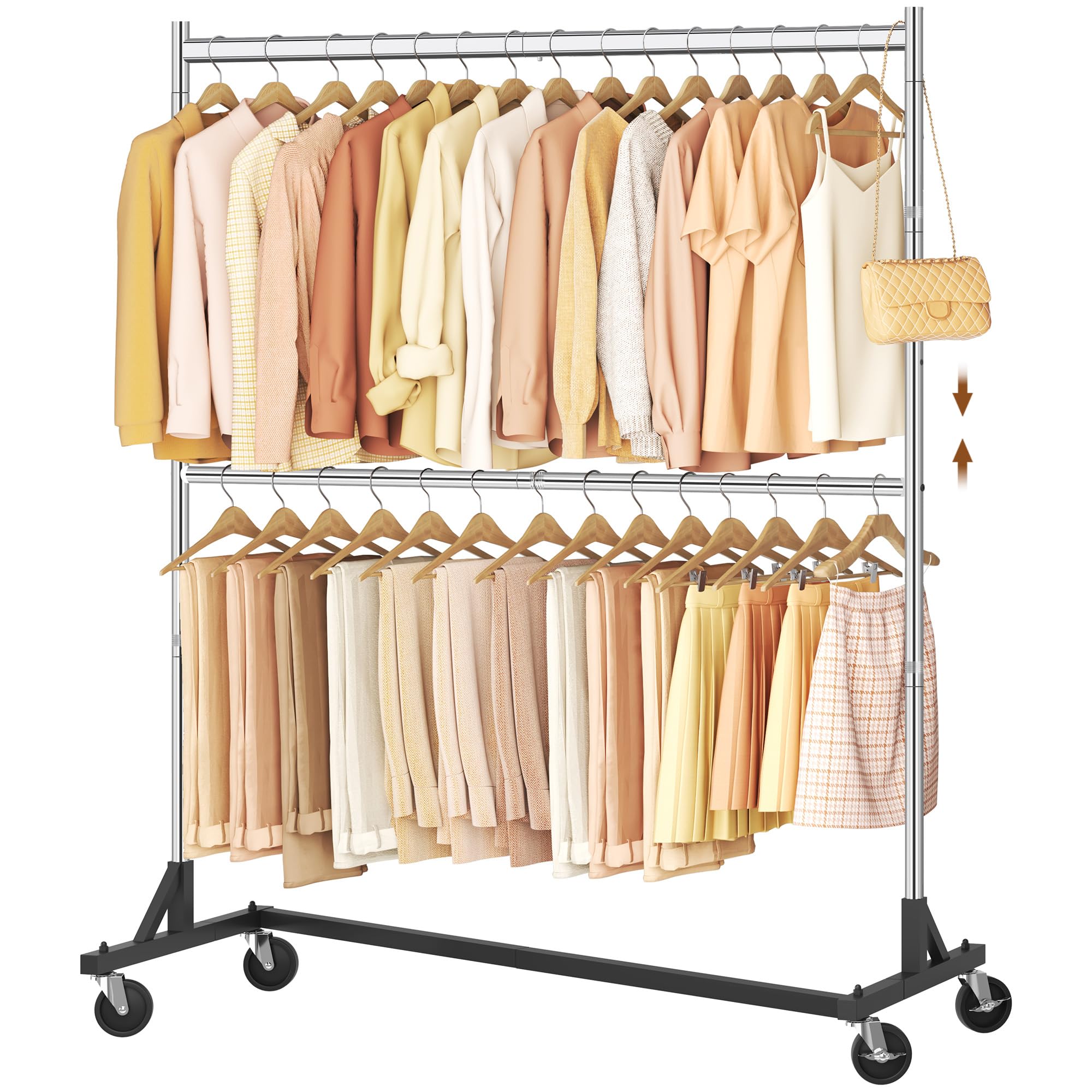 Hoctieon Double Rod Z Rack, Rolling Clothes Racks with Z-Base, Adjustable Clothing Rack, Standing Clothes Rack, Metal Clothing Racks for Hanging Clothes, Portable Garment Rack, Chrome