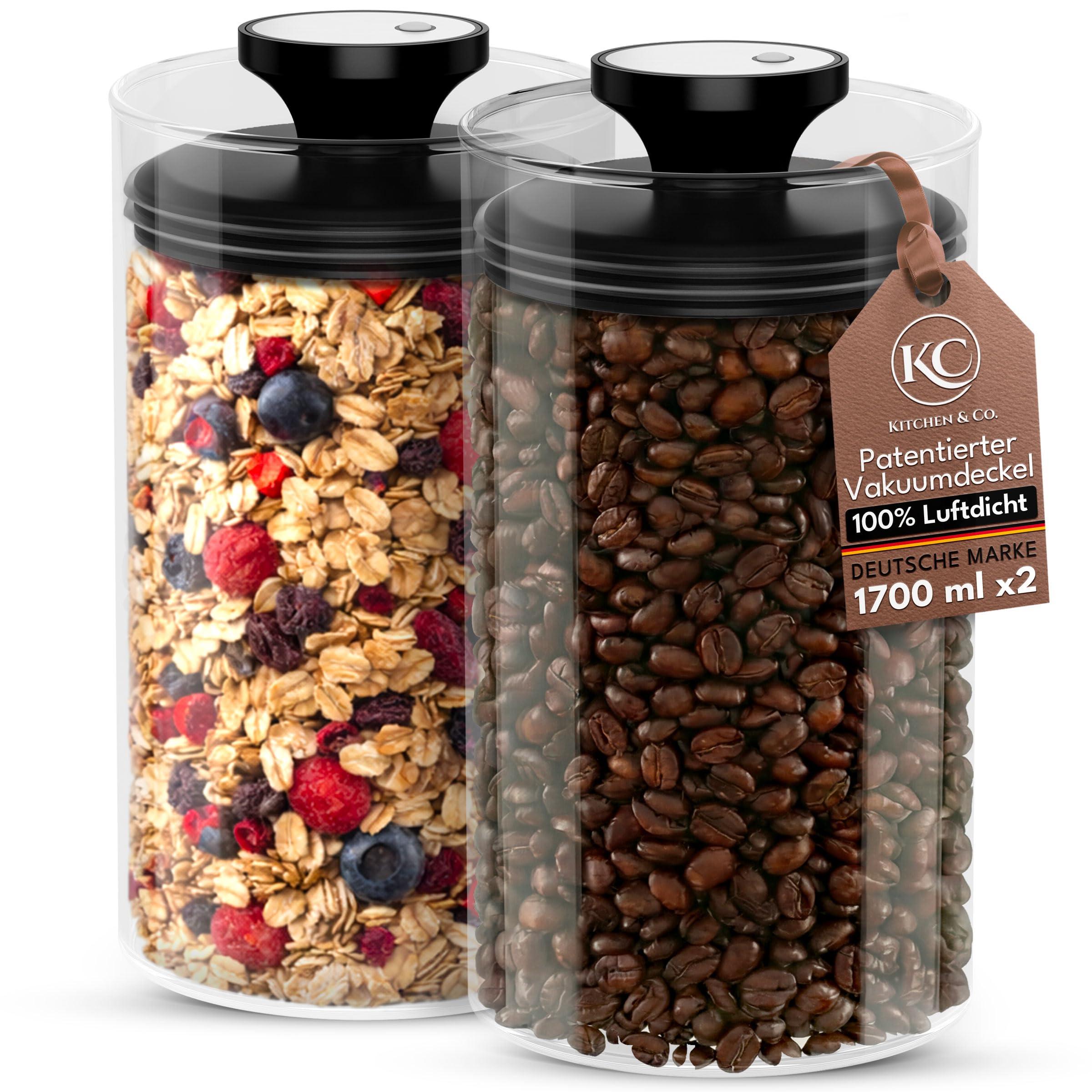 Kitchen&CO Storage Jars with Vacuum Lid for a Total of 1 kg Coffee Beans, Airtight Storage, Glass Coffee Jar, BPA-Free, Borosilicate Glass, Sustainable Storage (Set of 2)