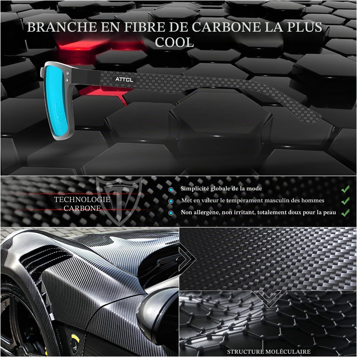 ATTCL Lunettes de soleil rectangulaires en fibre de carbone pour homme polarisées protection UV