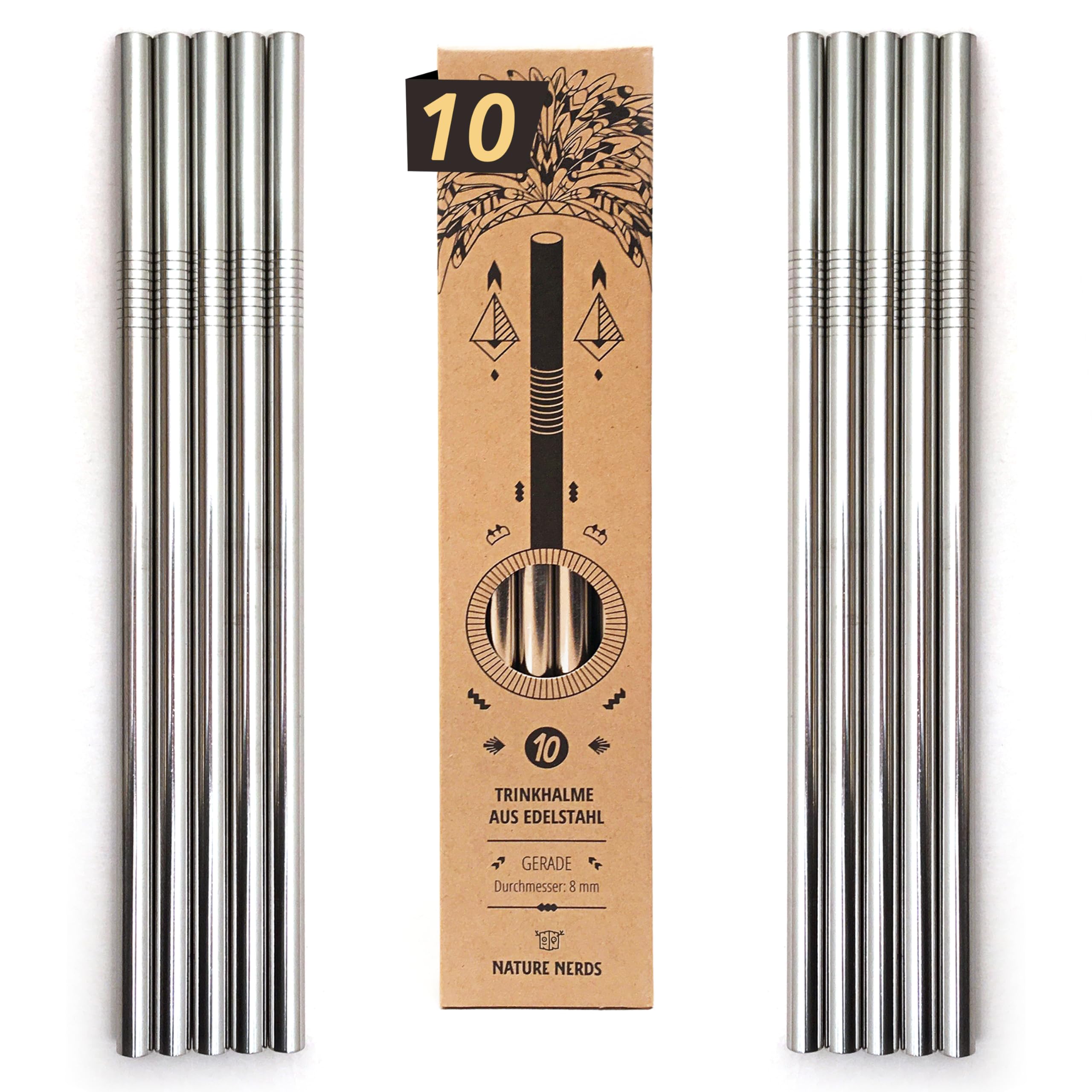 Nature Nerds - pajillas para beber reutilizables de acero inoxidable (10 piezas + cepillo de limpieza) popotes, tubos para beber - empaquetado sin plástico - (recto)