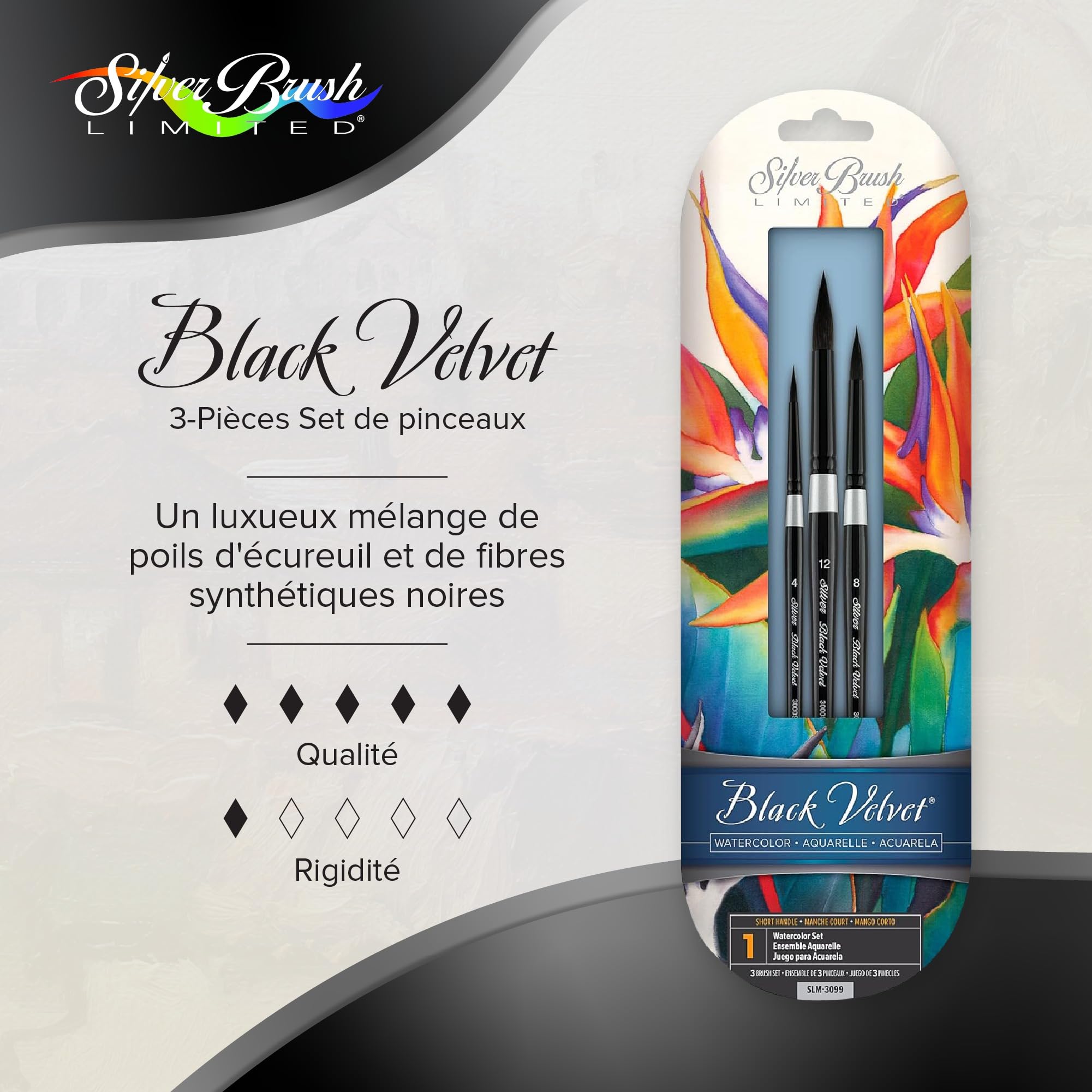 Silver Brush Limited SLM 3099 Susan Louise Moyer Basic Lot de 3 pinceaux à Aquarelle Ronds en Velours Noir, Tailles 4, 8 et 12