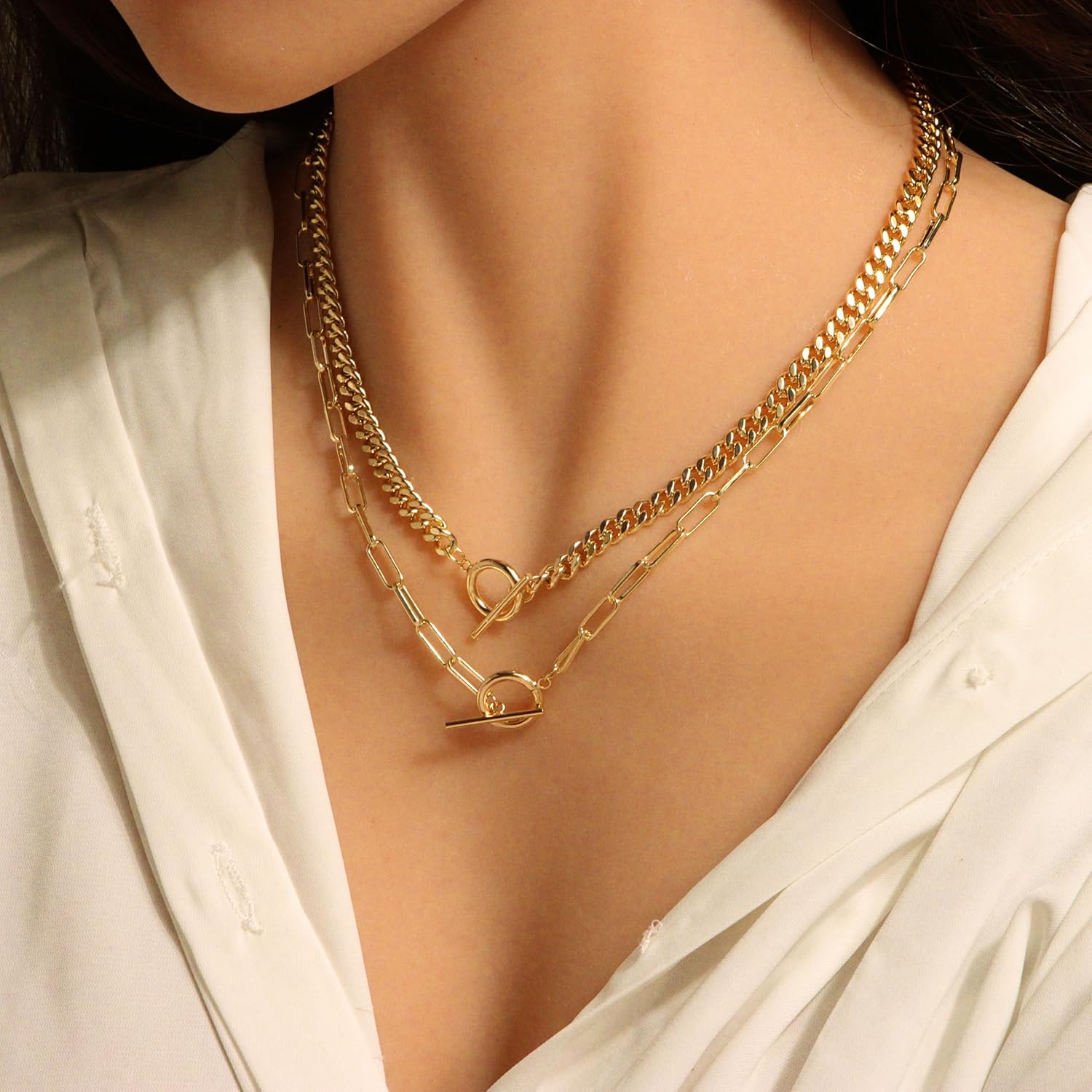 Layered Necklaces for Women Trendy 14K Gold Plated Toggle Necklace Cuban Link Chain Paperclip Chain Stack Necklace Jewelry - Image 2