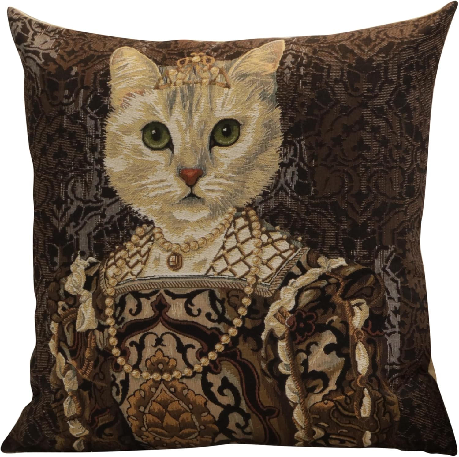 Charlotte Home Furnishings Decorative Cat with Crown Throw Pillow Cover 18” x 18” – Jacquard Cotton Woven Animal Tapestry Cushion Case for Couch, Sofa, or Bed | Made in Belgium | Insert Not Included