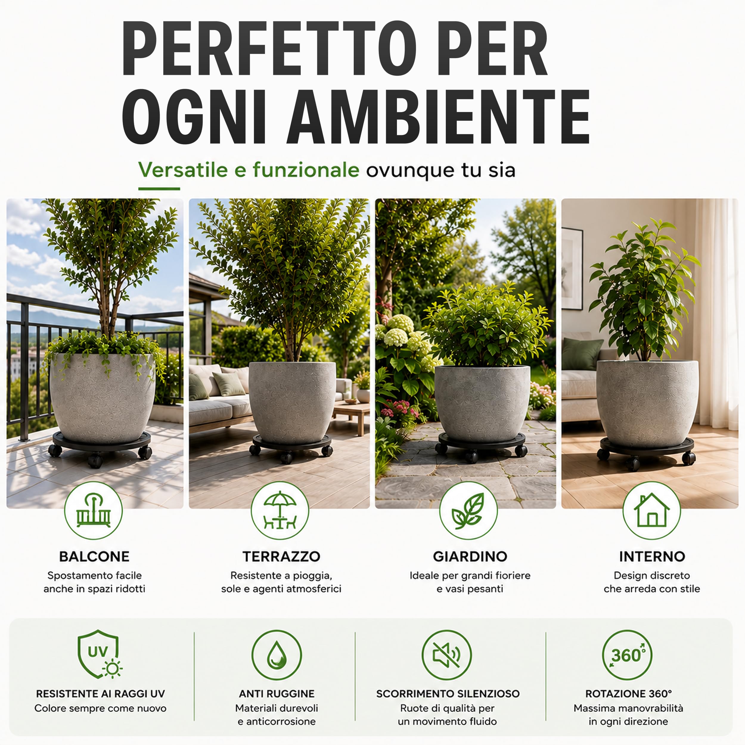 Tecnokit Carrello Portavasi Circolare O 30 cm Nero | Sottovaso con Ruote in Acciaio | Uso Interno ed Esterno | Made in Italy