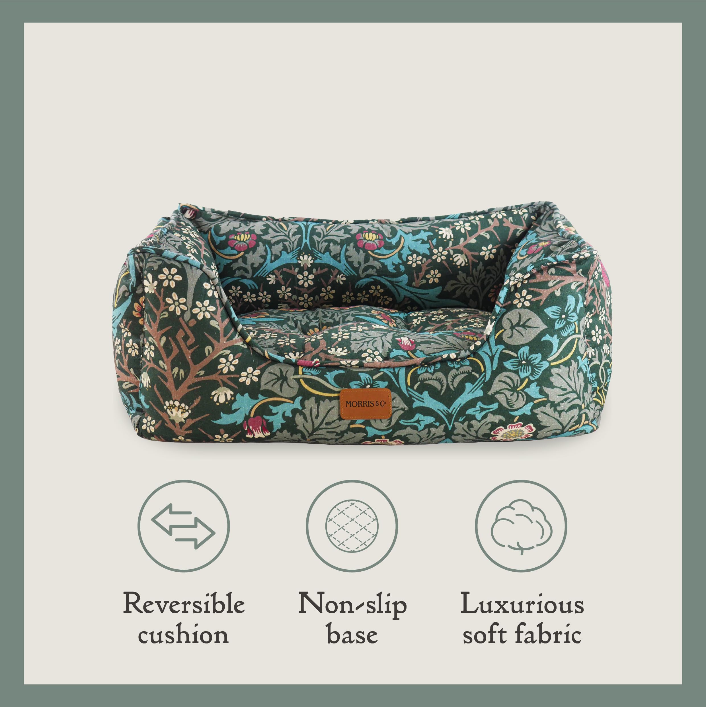 Rosewood x Morris & Co. Blackthorn - Cama para Perros pequeños, Color Verde, Lados Acolchados, Base Antideslizante, Lavable, Lujoso Estampado de William Morris