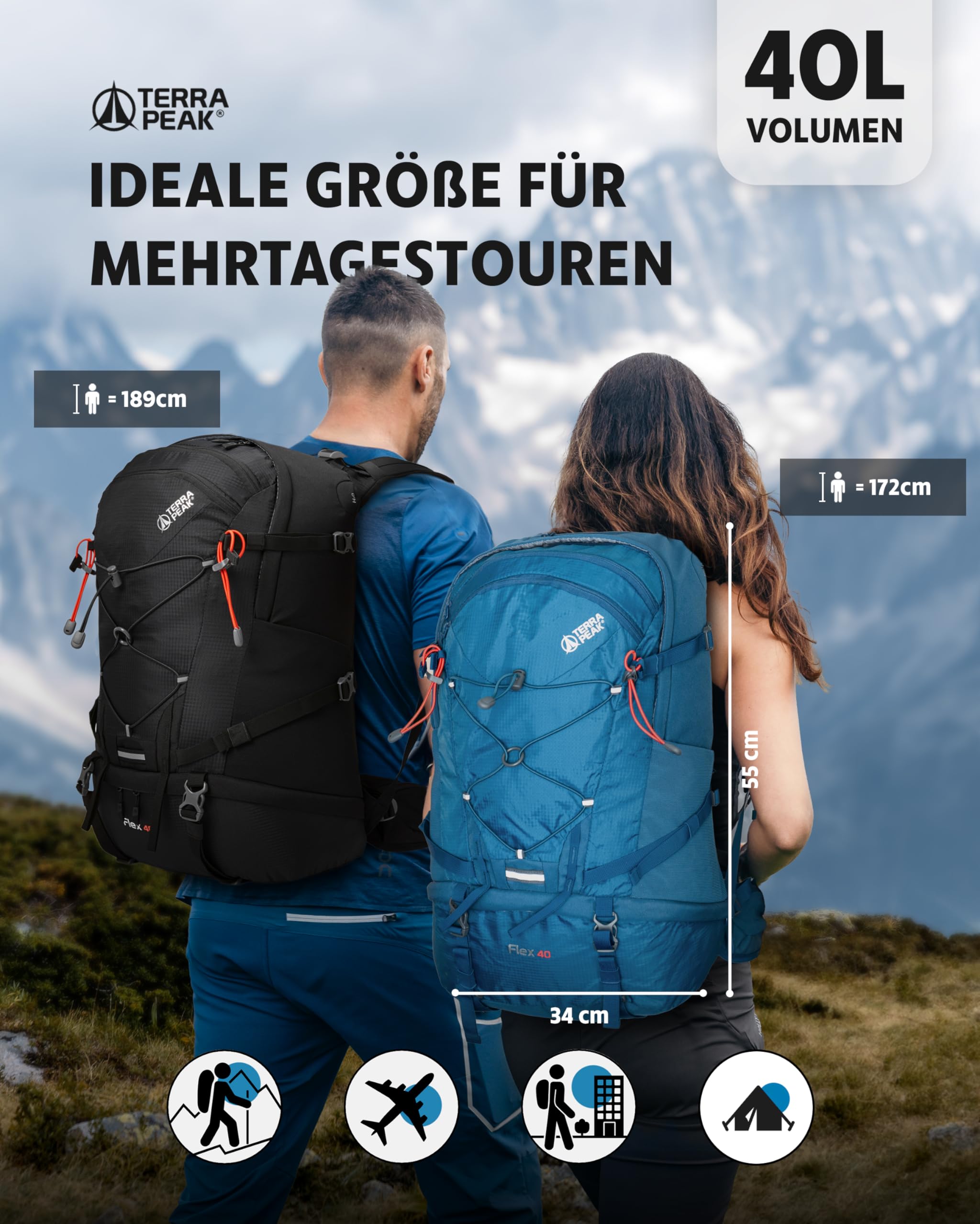 Terra Peak® Premium Wanderrucksack 40L (FLEX 40) für Damen & Herren groß mit Rückenbelüftung, Regenschutz & Trinksystem-Halterung - Ergonomischer Trekkingrucksack atmungsaktivem 3D Air Mesh & Hüftgurt