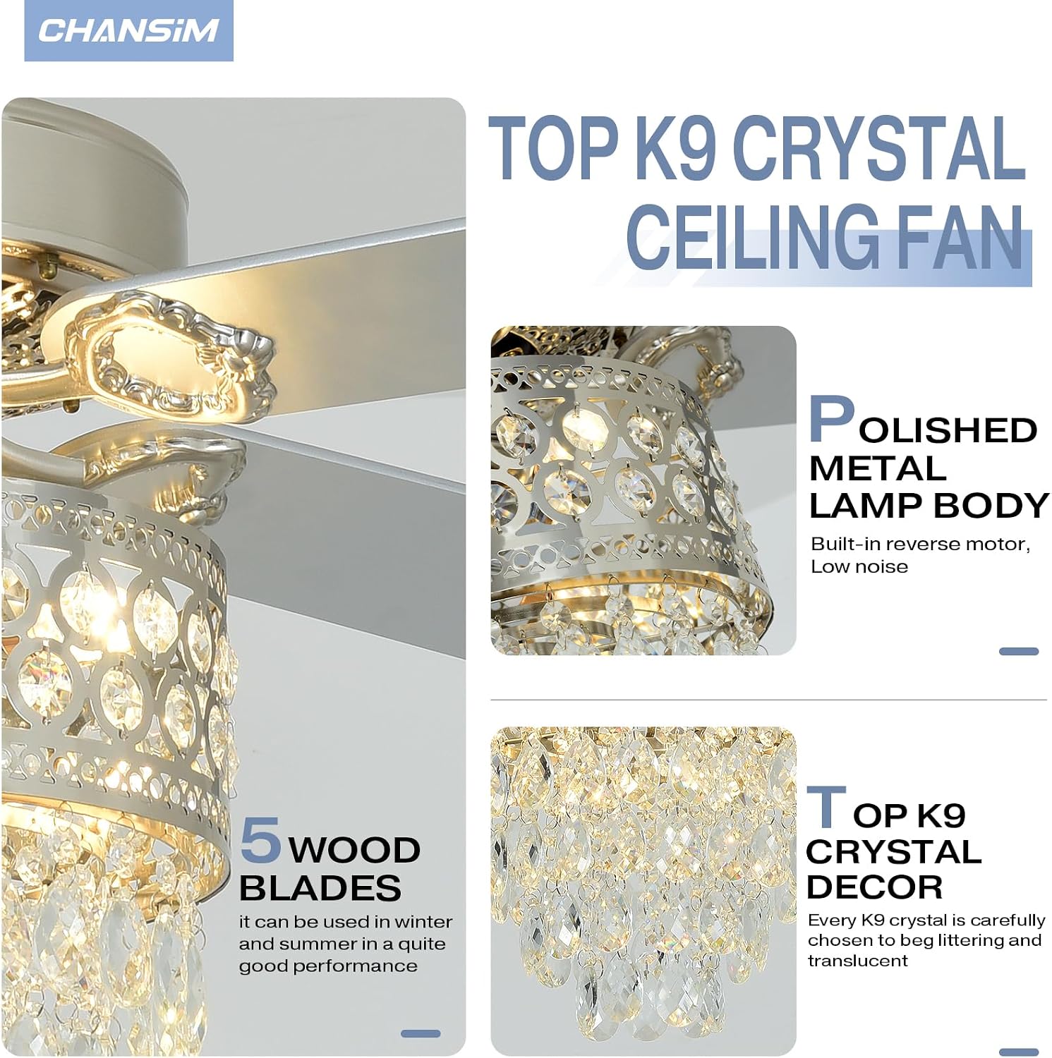 Crystal Chandelier Ceiling Fan, 3-Light Farmhouse Fandelier with Remote - Silent AC Motor, K9-Crystal, Wood Blades, 3-Speed and Timing, Energy-Efficient Ceiling Fans for living Room (52" SILVER-Color)