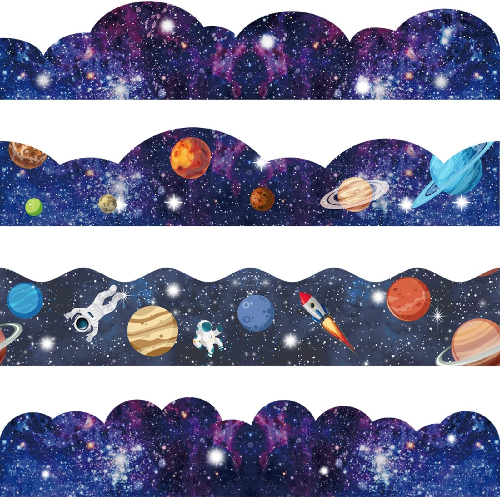 VABAMNA 120ft Bulletin Board Borders Decorations Outer Space Classroom Decor Galaxy Star Planet Astronaut Scalloped Border Trim for Teacher School Office Supplies Classroom Door Wall Decor, 4 Patterns