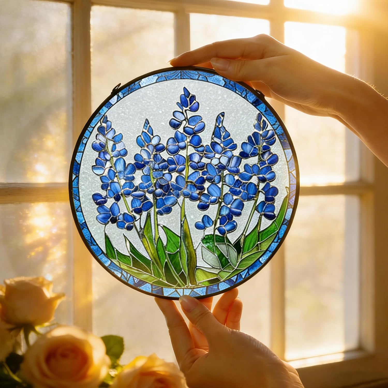 Stained Glass Window Hanging - 7.8" Texas Bluebonnet Suncatcher, Window Hanging Decoration, Texas Gift, Gifts for Women, Mom, Grandma, Friends & Flower Lovers