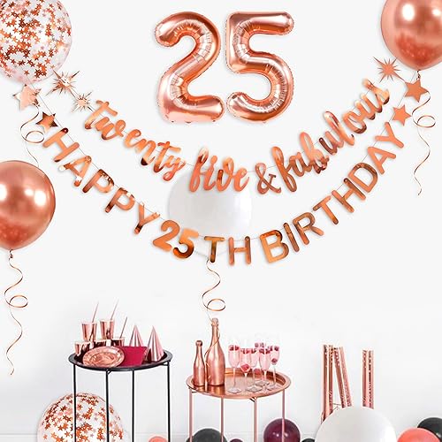 Miniatura 5 de Guirnalda de globos de aluminio de 25 cumpleaños de 25 años de oro rosa para mujer, decoraciones de cumpleaños de 25 años y fabulosos saludos a 25