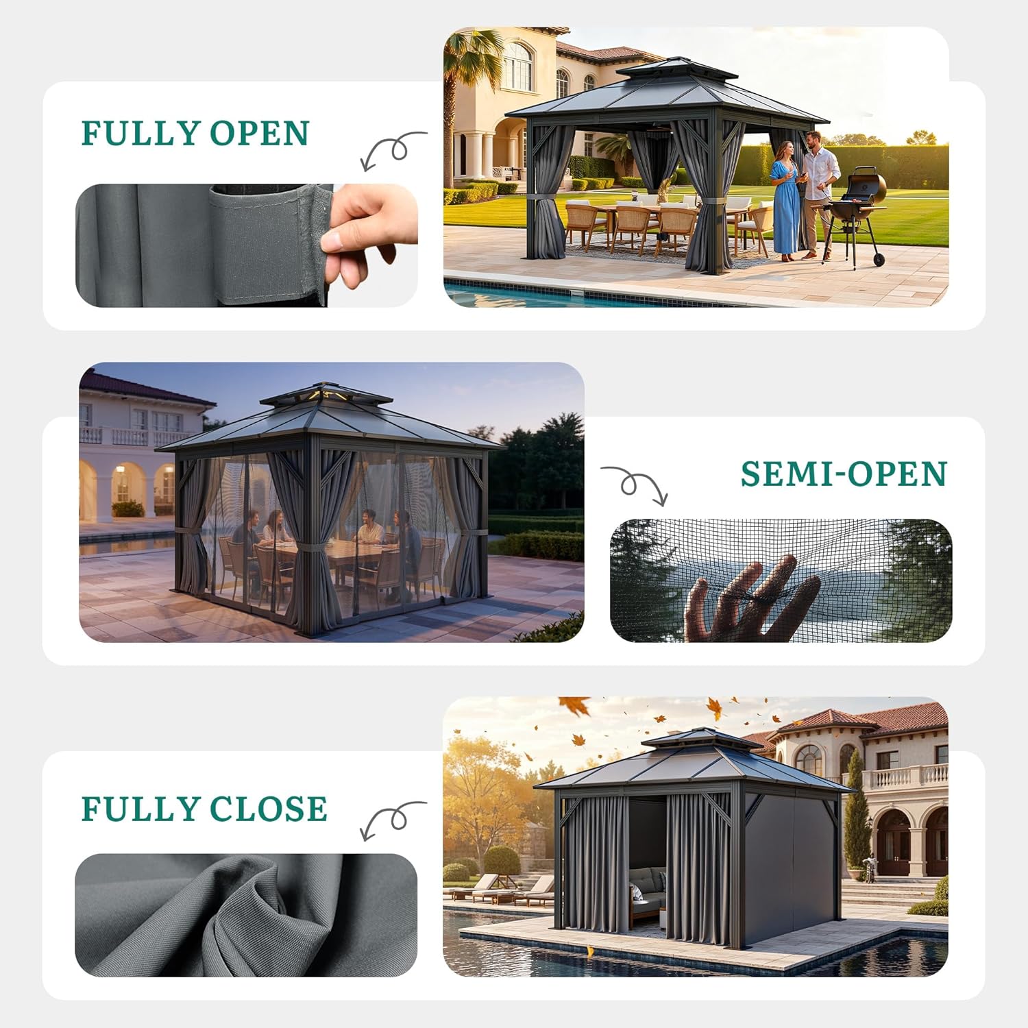 YITAHOME 10X10FT Polycarbonate Gazebo Outdoor Patio Double Top Canopy Galvanized Iron Aluminum Column Garden Tent Curtains Netting for Backyards Decks Lawns,Gray