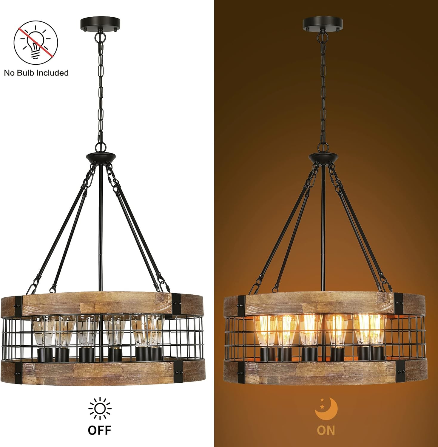 ACNKTZ 6-Light Farmhouse Chandelier for Entryway, Rustic Dining Room Light Fixtures, Industrial Drum Hanging Lighting for Kitchen Island Foyer, Black Wood and Black Metal Finish