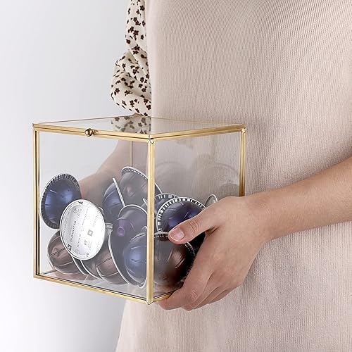 Miniatura 9 de ELLDOO Soporte para cápsulas de café de vidrio dorado, caja de almacenamiento de cápsulas de café con tapa, bolsas de té, paquetes de azúcar,