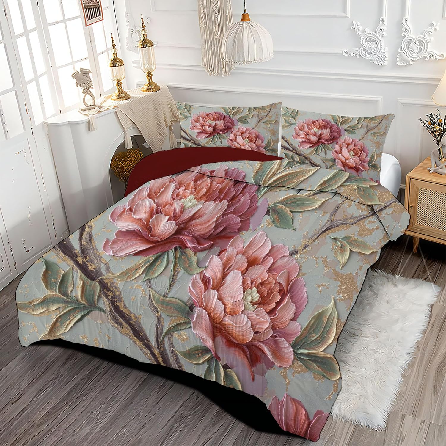 Chinese Flowers Comforter Set Full Size, Blooming Peonies Bedding Set for Girls Boys, Pink Quilt Bed 79"X90" Bedding Comforter Sets with 2 Pillowcase Room Decor